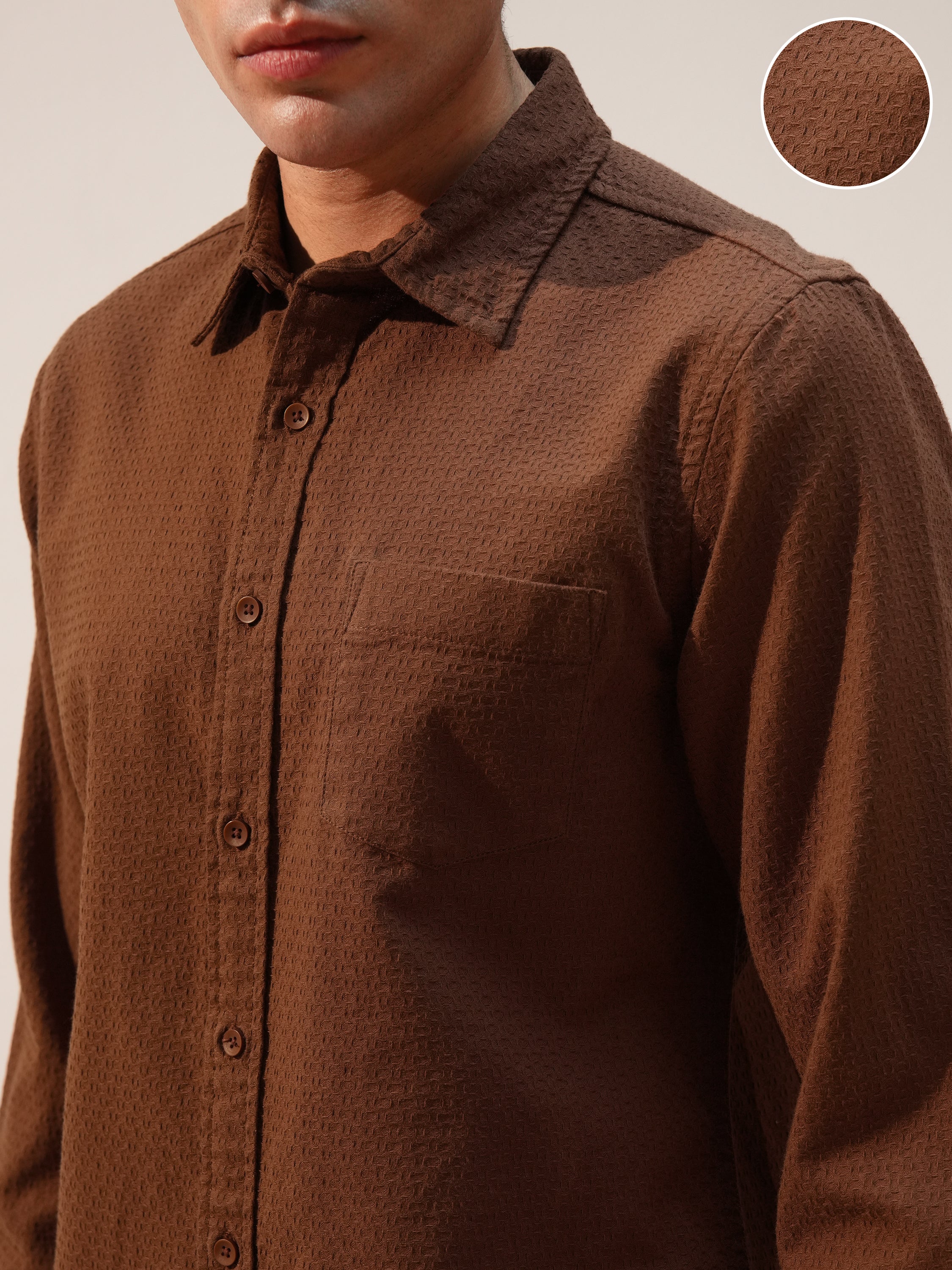 Highlander Men Brown Self Design Slim Fit Casual Shirt - Brown - Image 5
