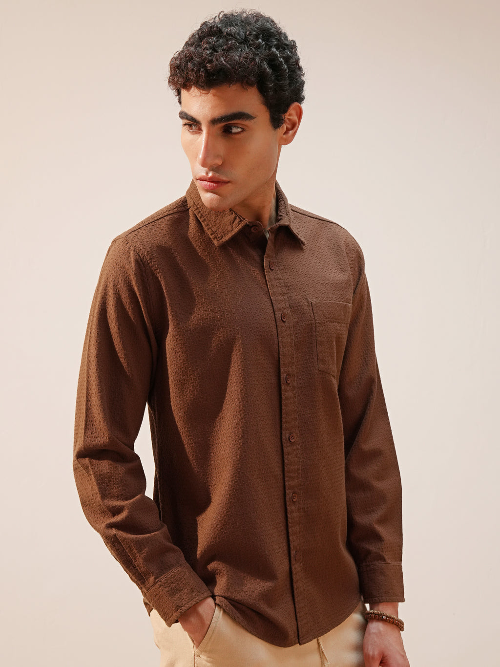 Highlander Men Brown Self Design Slim Fit Casual Shirt - Brown - Image 6