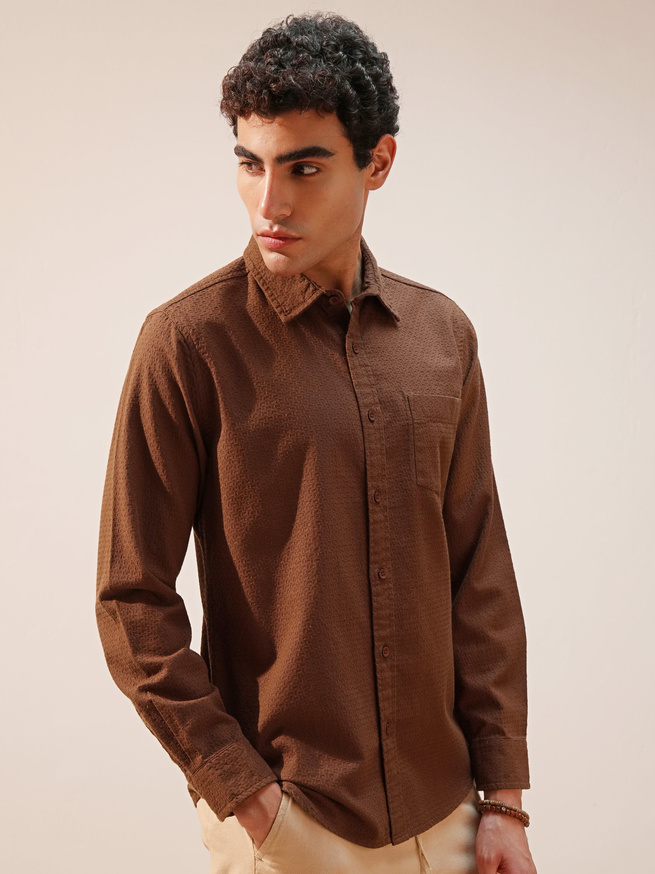 Highlander Men Brown Self Design Slim Fit Casual Shirt - Brown - Image 6