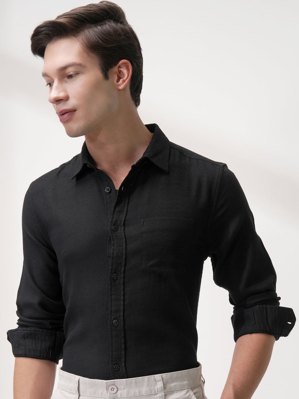 Highlander Men Black Self Design Slim Fit Casual Shirt - Black - Image 1