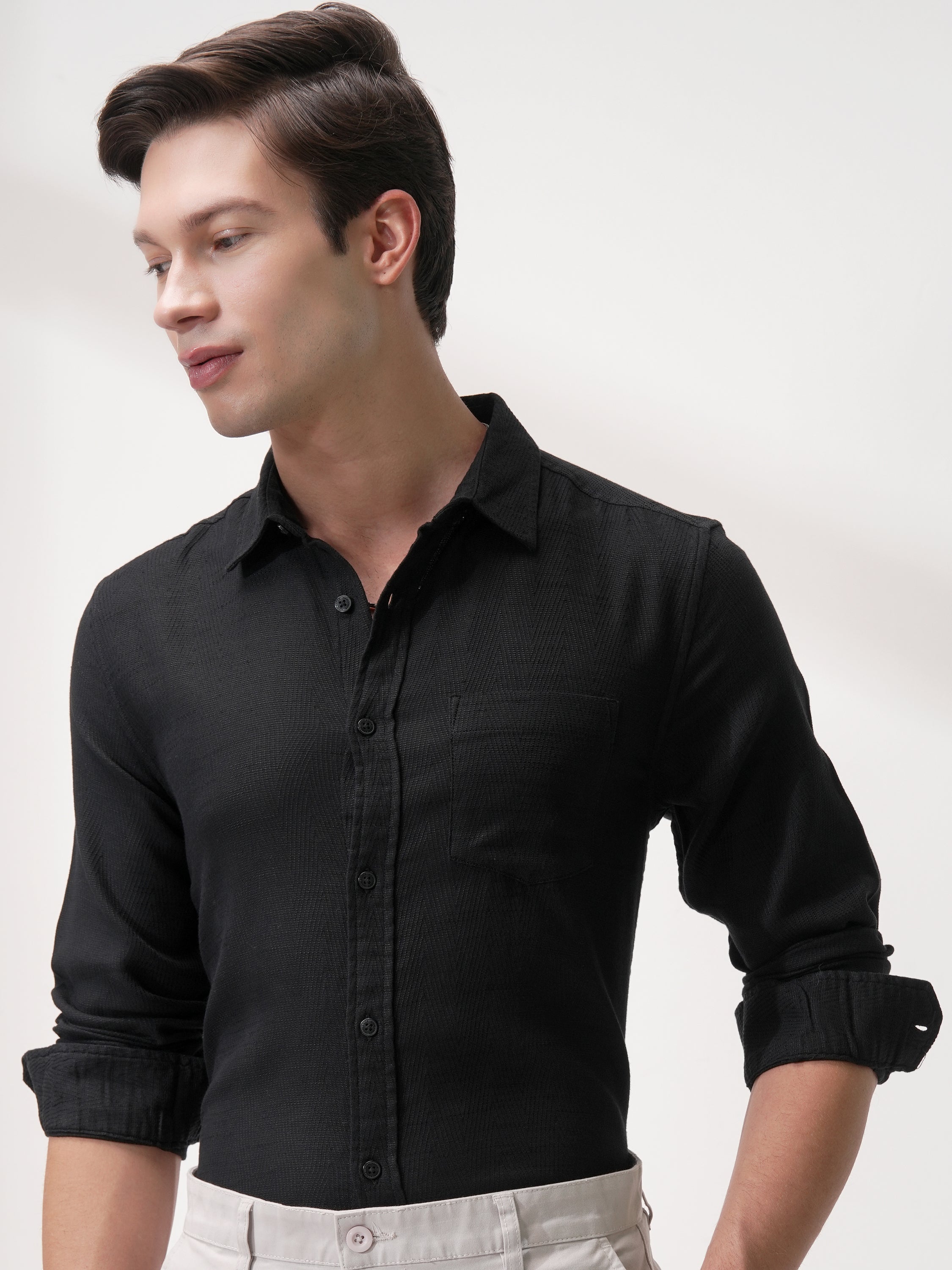 Highlander Men Black Self Design Slim Fit Casual Shirt - Black - Image 1