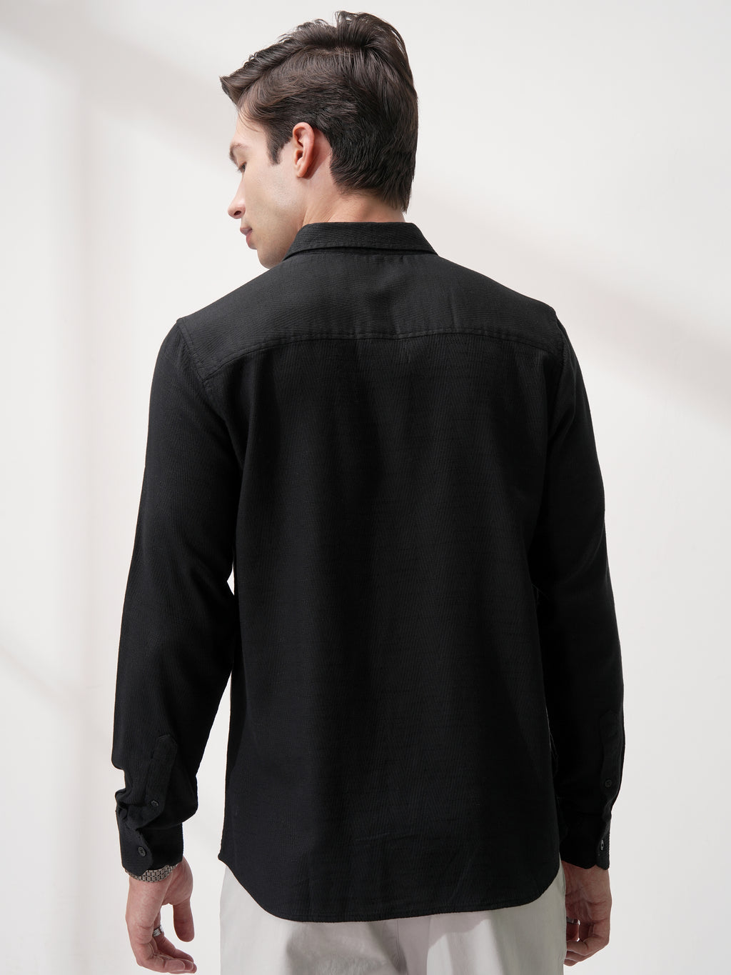 Highlander Men Black Self Design Slim Fit Casual Shirt - Black - Image 3