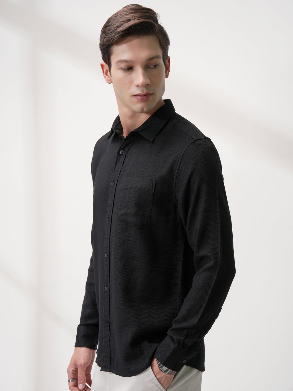 Highlander Men Black Self Design Slim Fit Casual Shirt - Black - Image 4