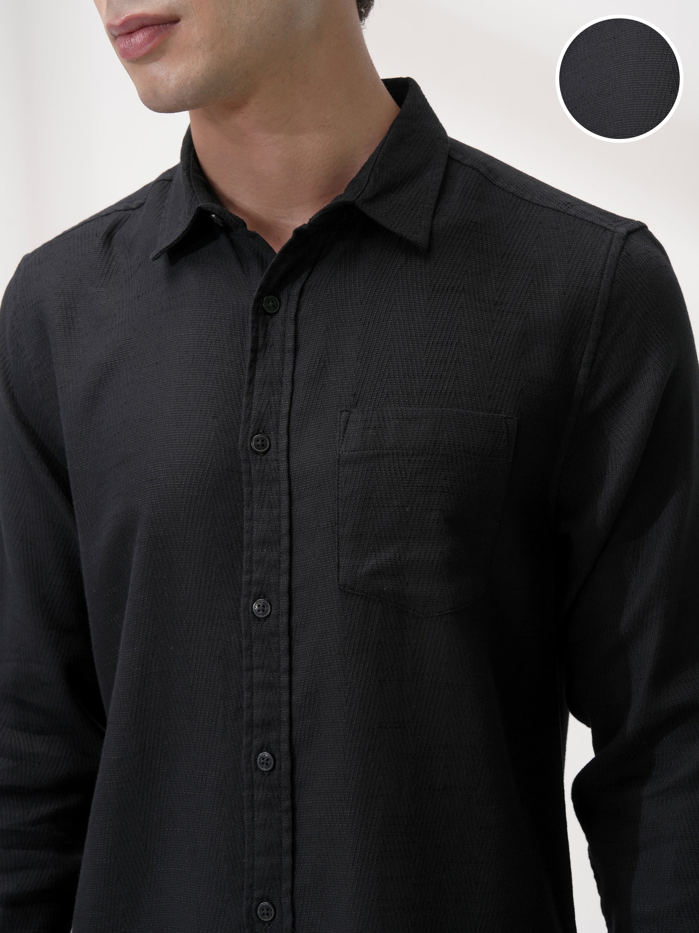 Highlander Men Black Self Design Slim Fit Casual Shirt - Black - Image 5