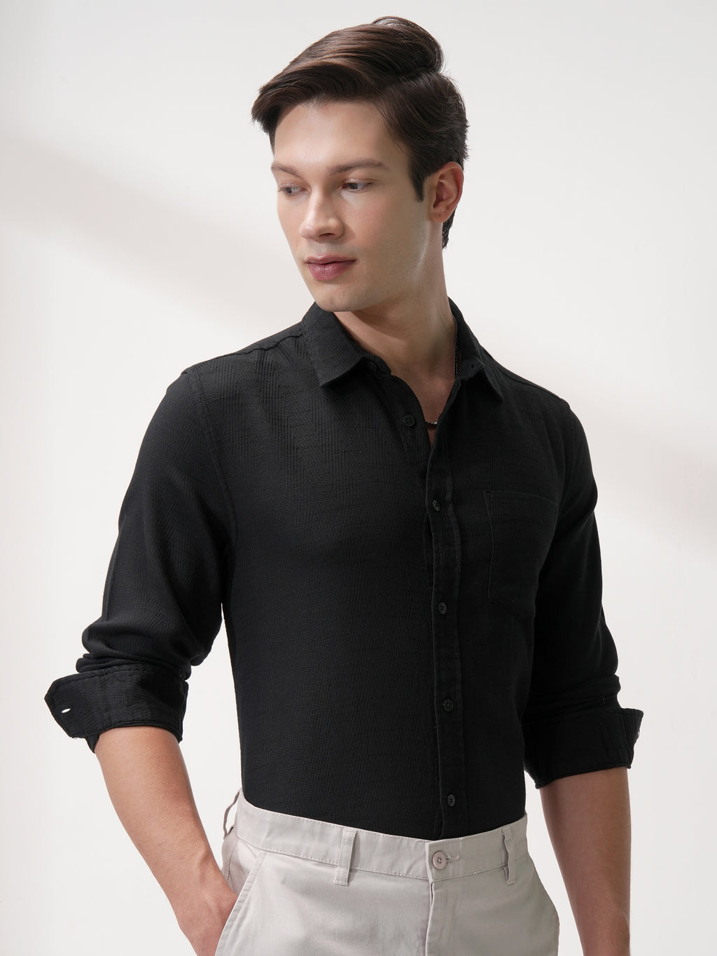 Highlander Men Black Self Design Slim Fit Casual Shirt - Black - Image 6