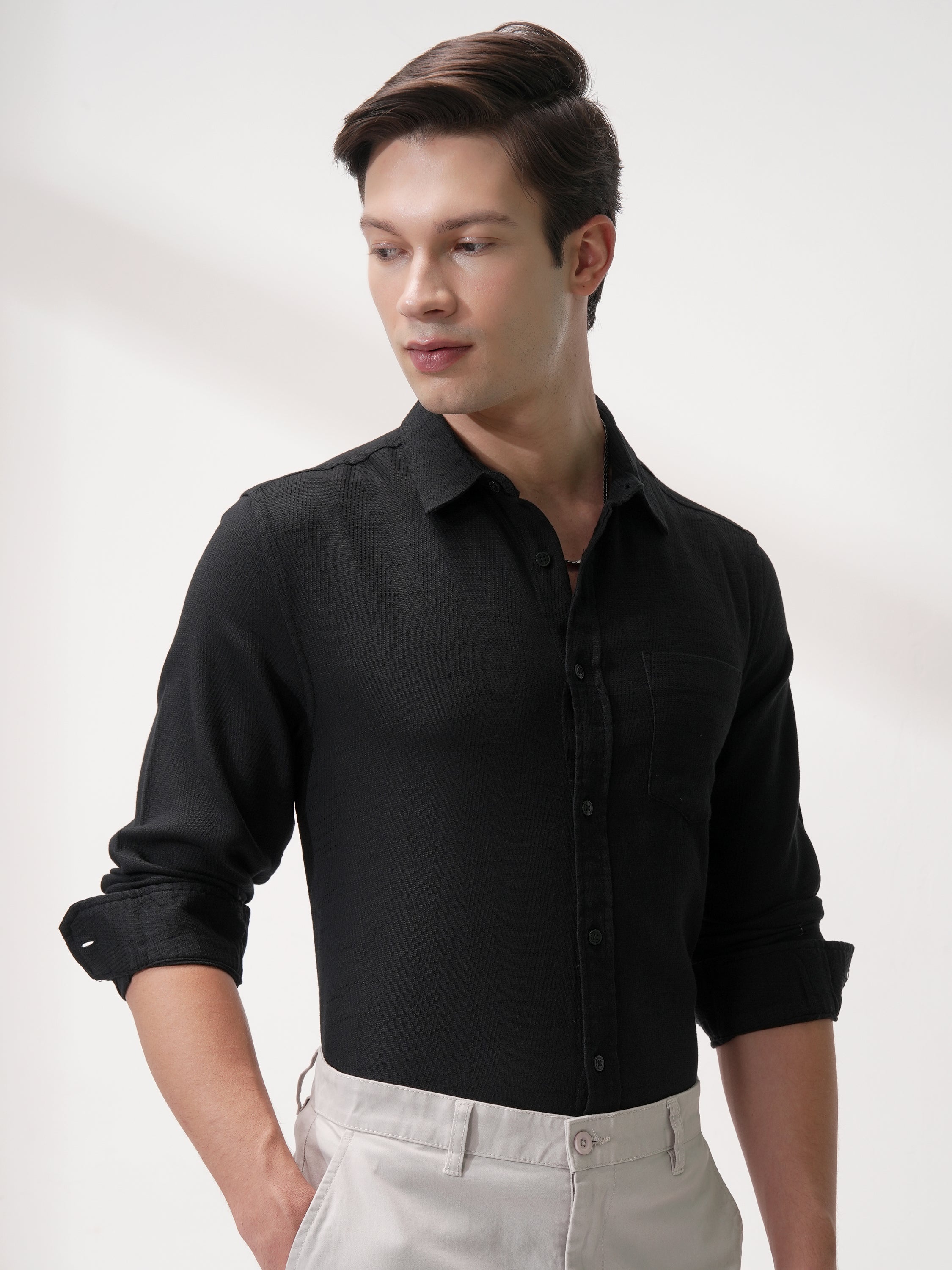 Highlander Men Black Self Design Slim Fit Casual Shirt - Black - Image 6