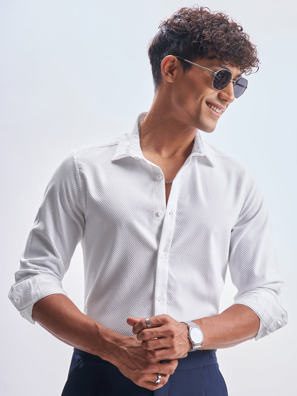 Highlander Men White Self Design Slim Fit Casual Shirt - White - Image 1