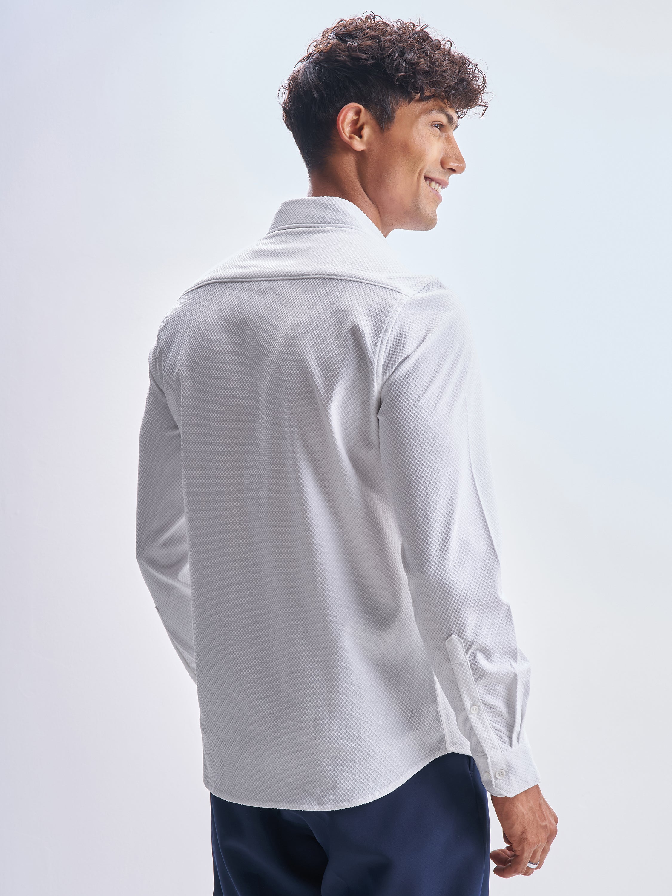 Highlander Men White Self Design Slim Fit Casual Shirt - White - Image 3