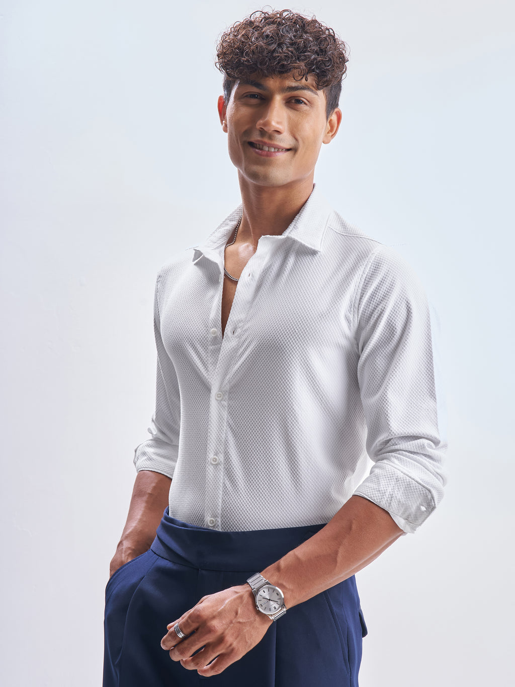 Highlander Men White Self Design Slim Fit Casual Shirt - White - Image 4