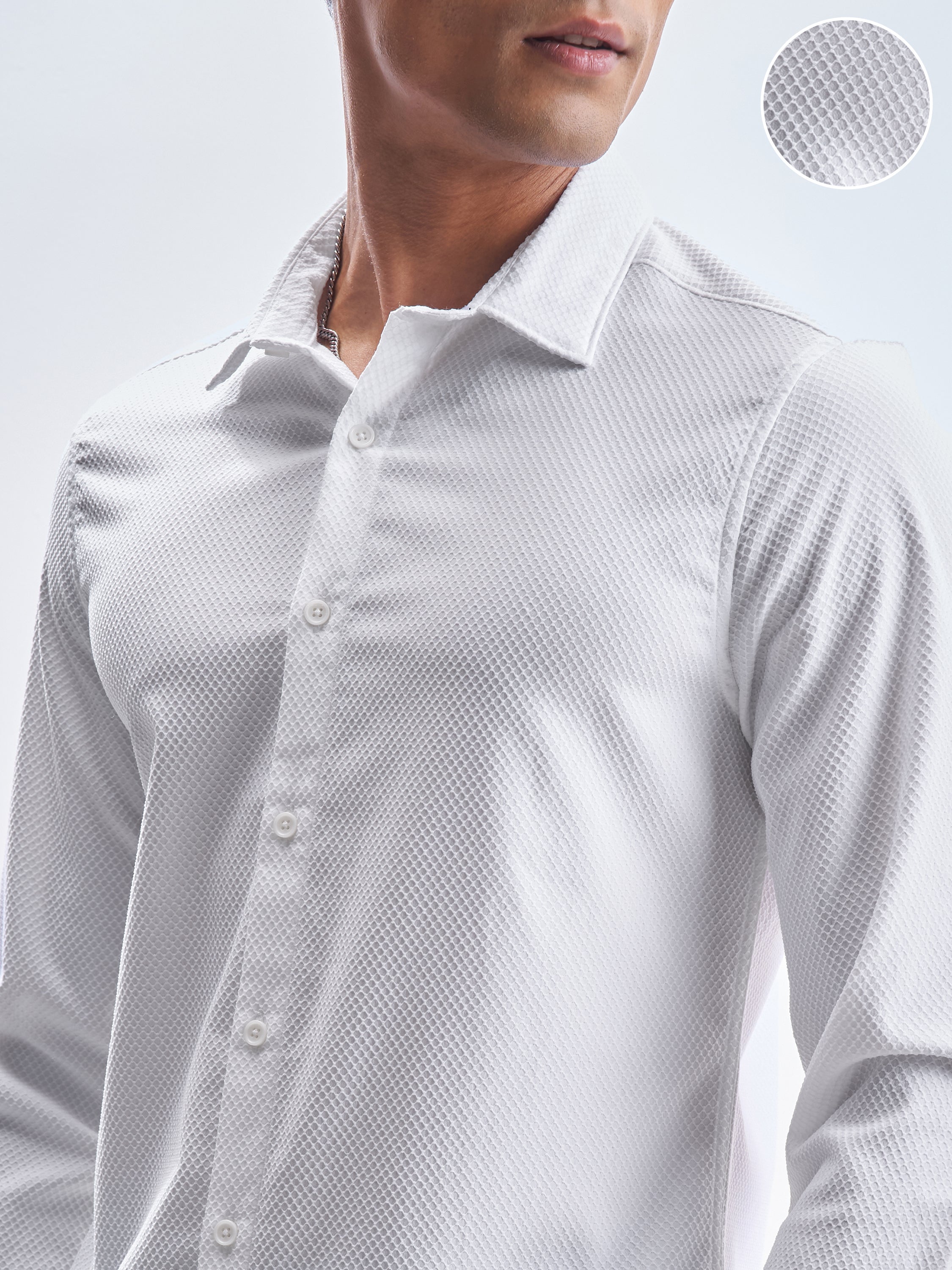 Highlander Men White Self Design Slim Fit Casual Shirt - White - Image 5