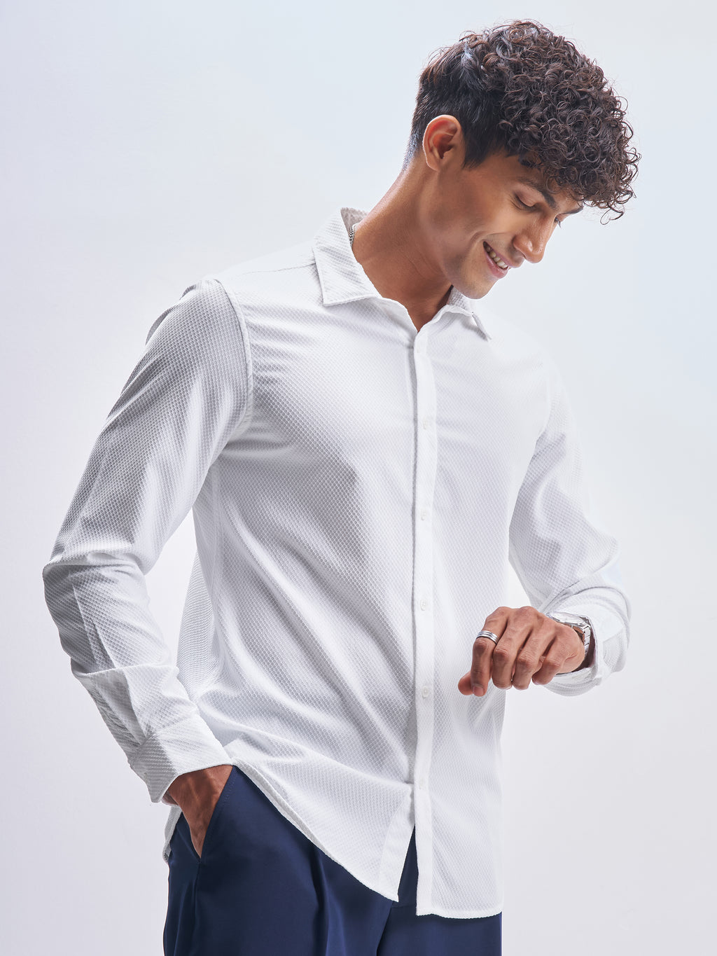 Highlander Men White Self Design Slim Fit Casual Shirt - White - Image 6
