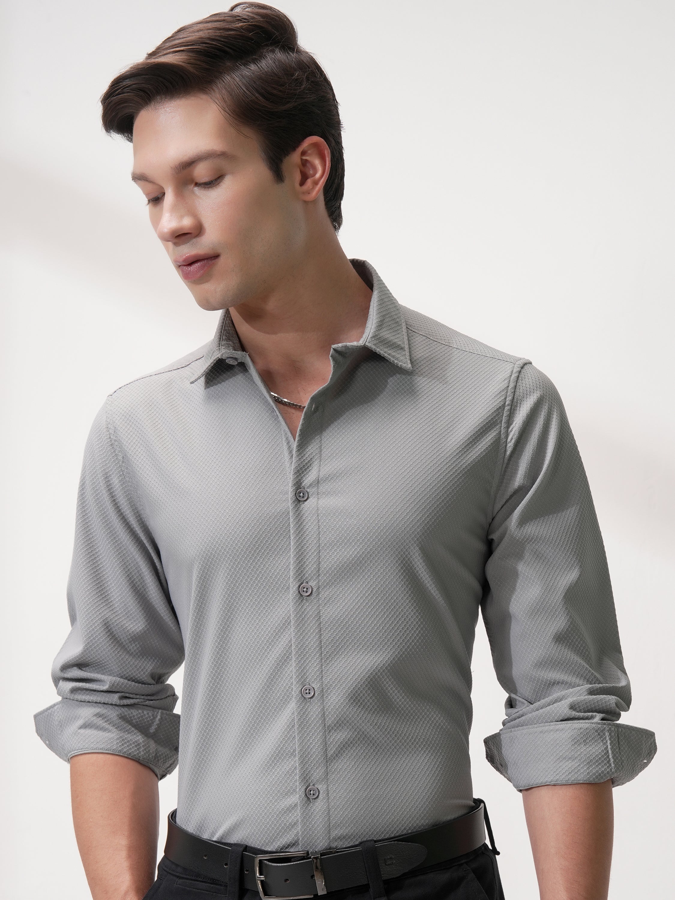 Highlander Men Grey Self Design Slim Fit Casual Shirt - Grey - Image 1