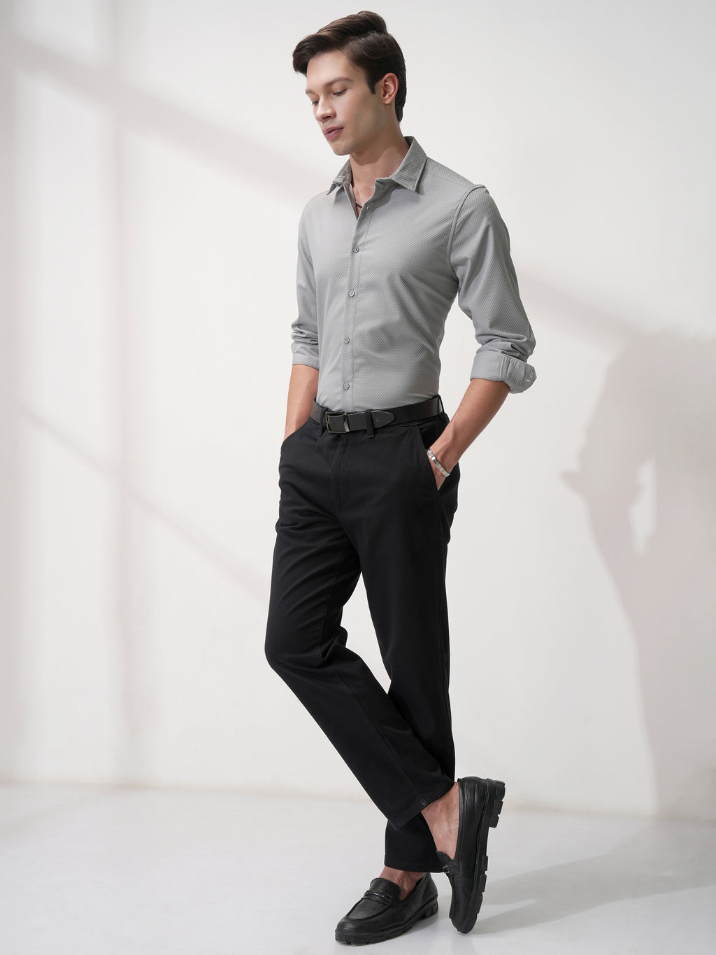 Highlander Men Grey Self Design Slim Fit Casual Shirt - Grey - Image 2
