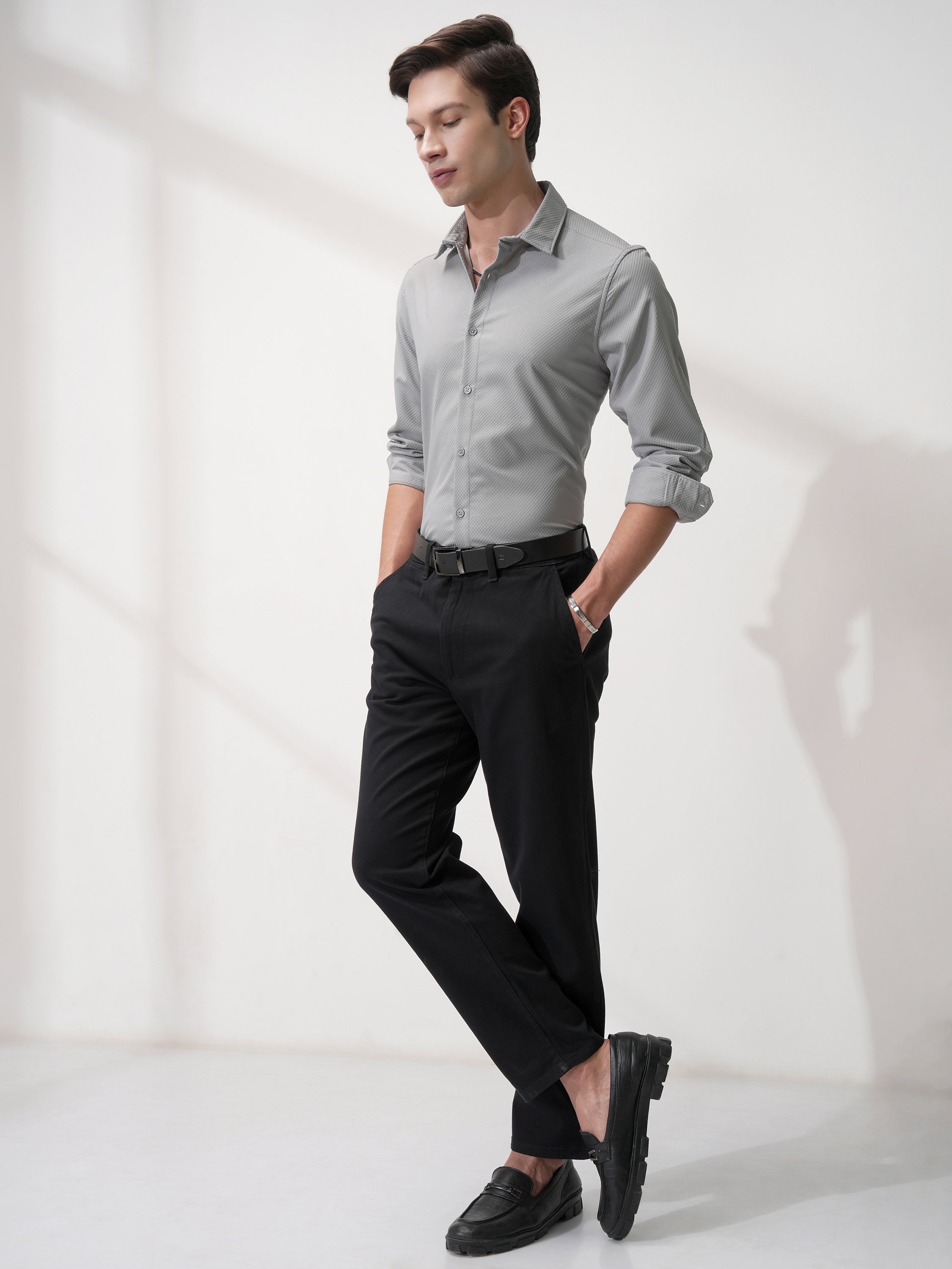 Highlander Men Grey Self Design Slim Fit Casual Shirt - Grey - Image 2