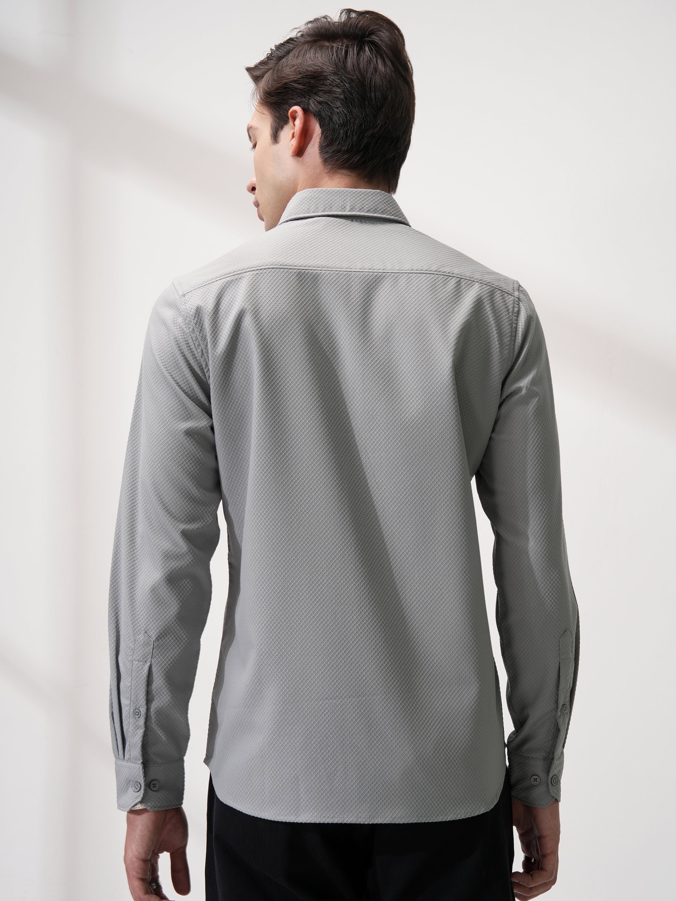 Highlander Men Grey Self Design Slim Fit Casual Shirt - Grey - Image 3