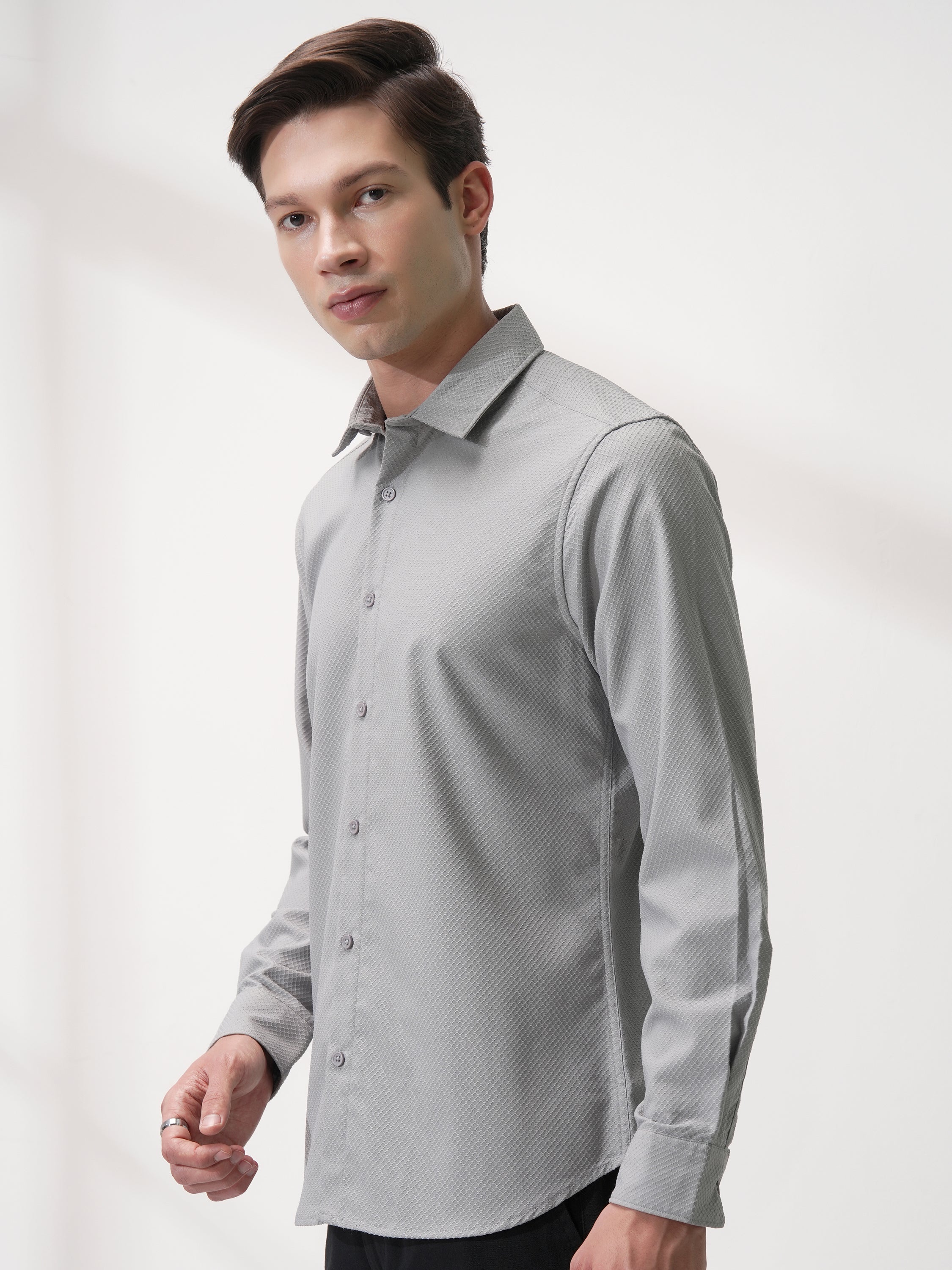 Highlander Men Grey Self Design Slim Fit Casual Shirt - Grey - Image 4