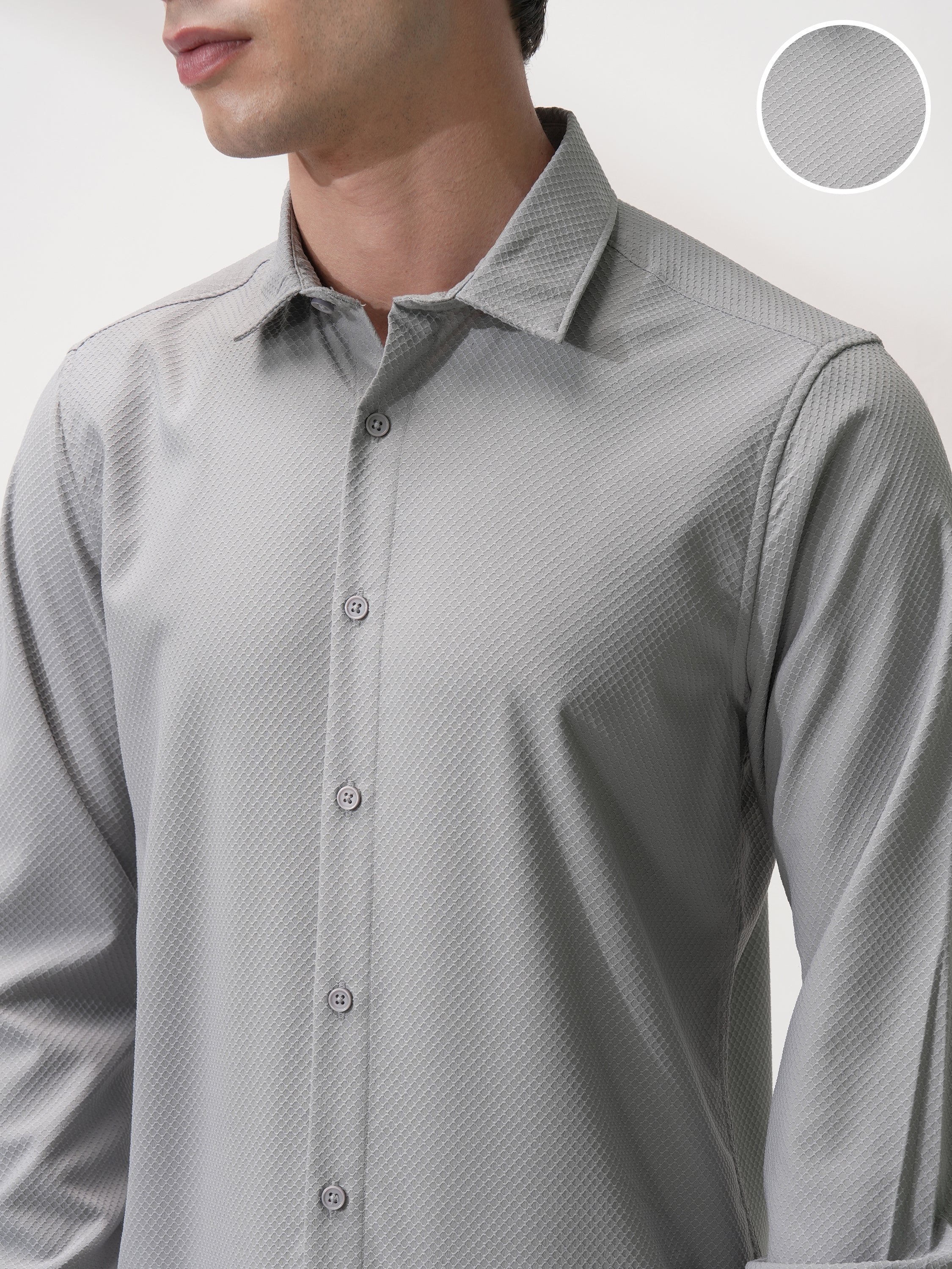 Highlander Men Grey Self Design Slim Fit Casual Shirt - Grey - Image 5