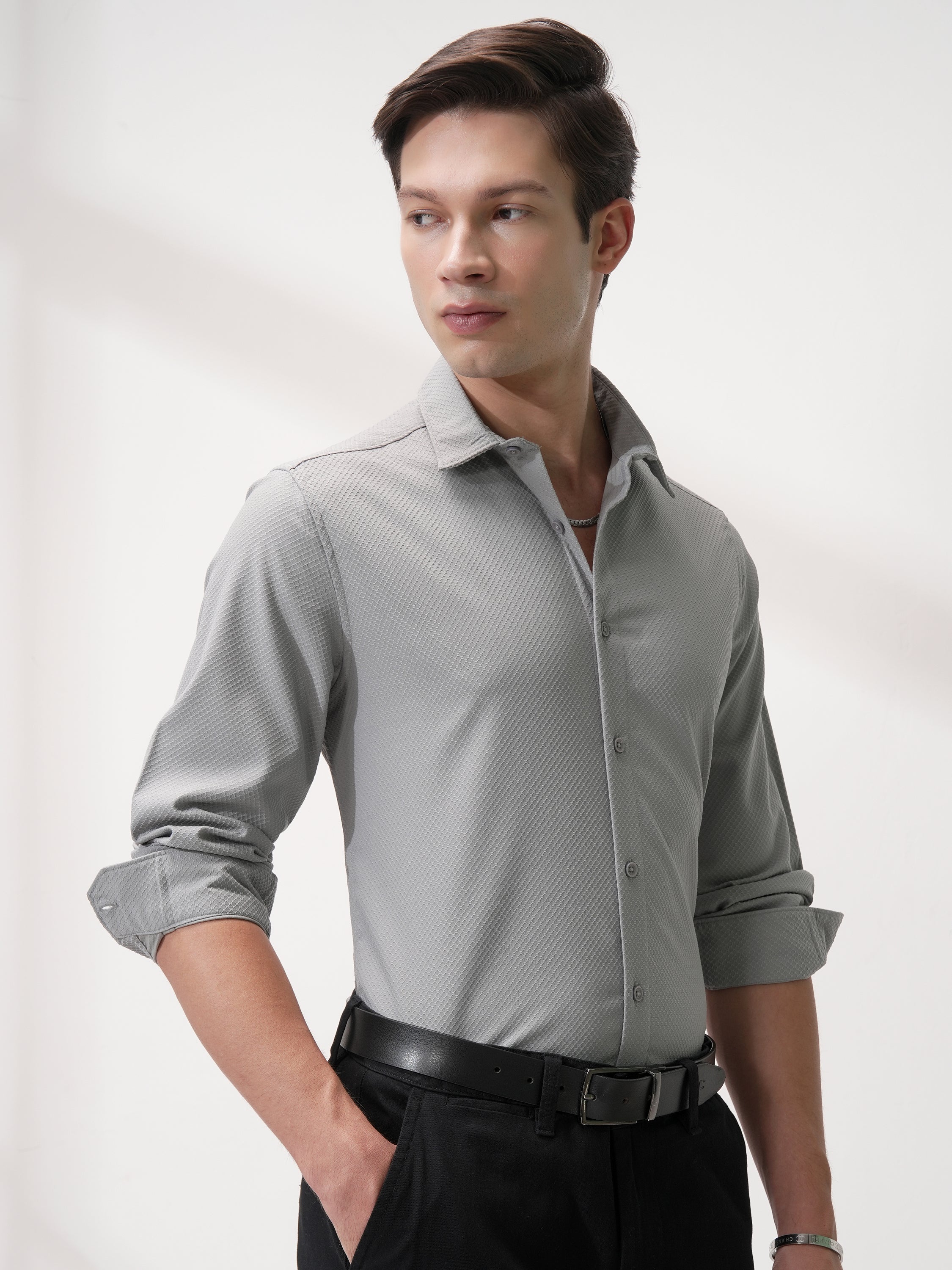 Highlander Men Grey Self Design Slim Fit Casual Shirt - Grey - Image 6