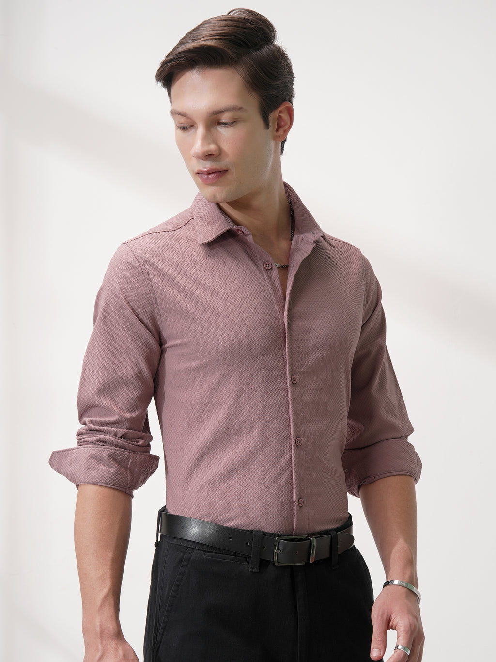 Highlander Men Pink Self Design Slim Fit Casual Shirt - Pink - Image 6