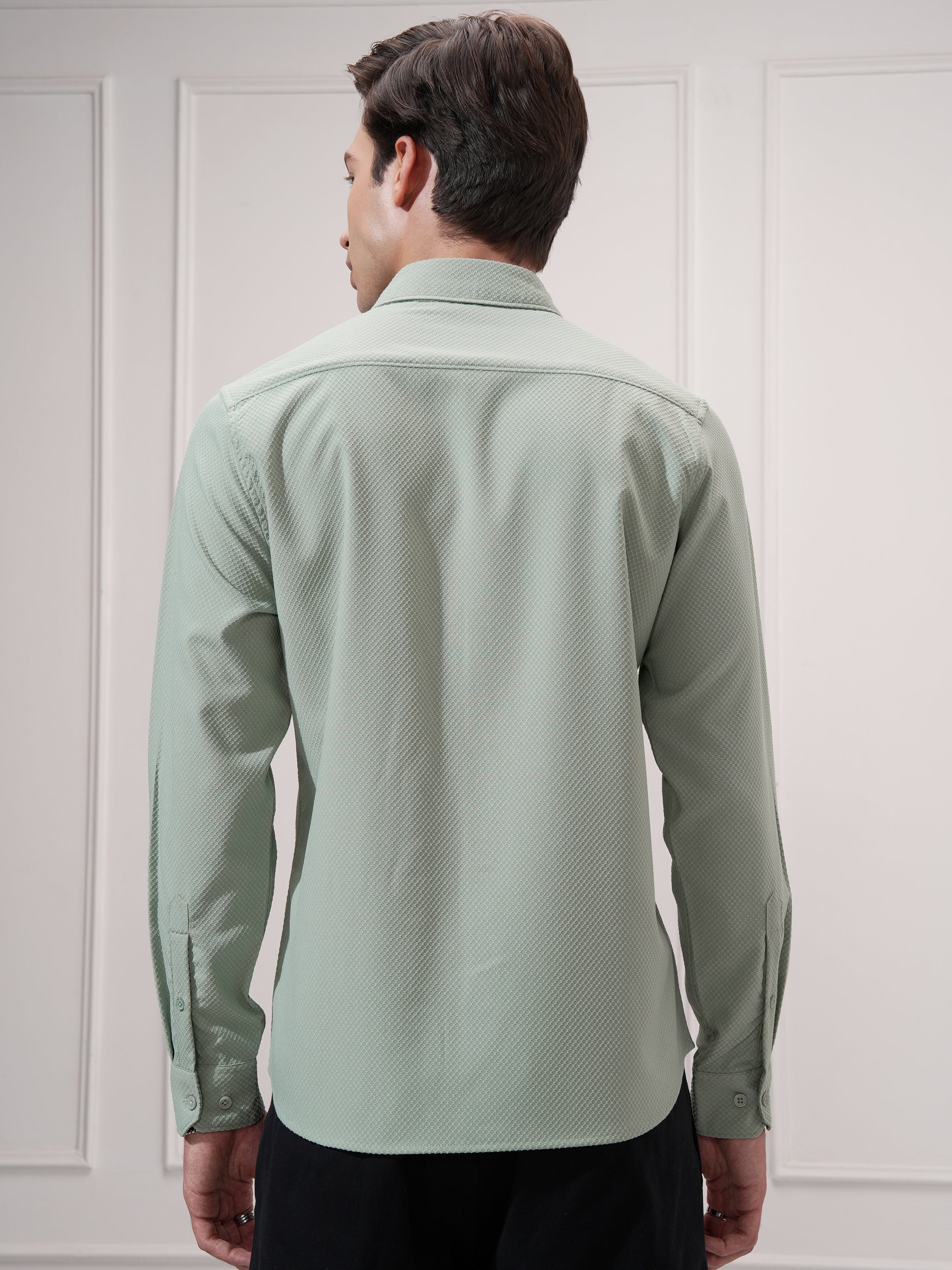 Highlander Men Green Self Design Slim Fit Casual Shirt - Green - Image 3