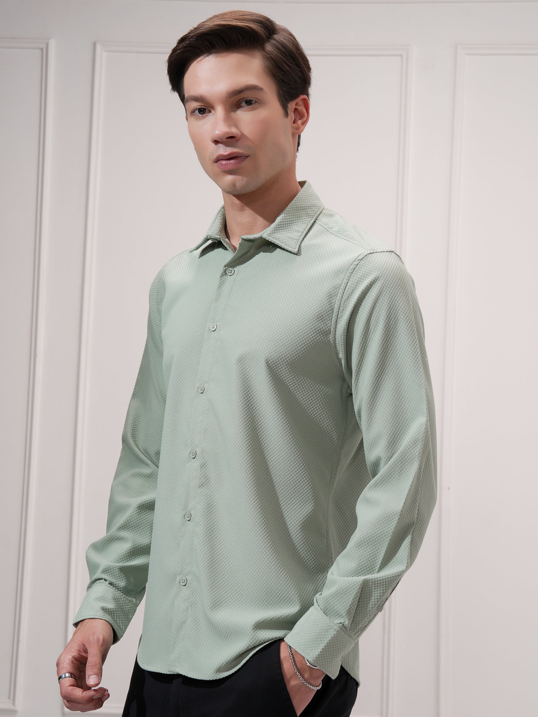 Highlander Men Green Self Design Slim Fit Casual Shirt - Green - Image 4