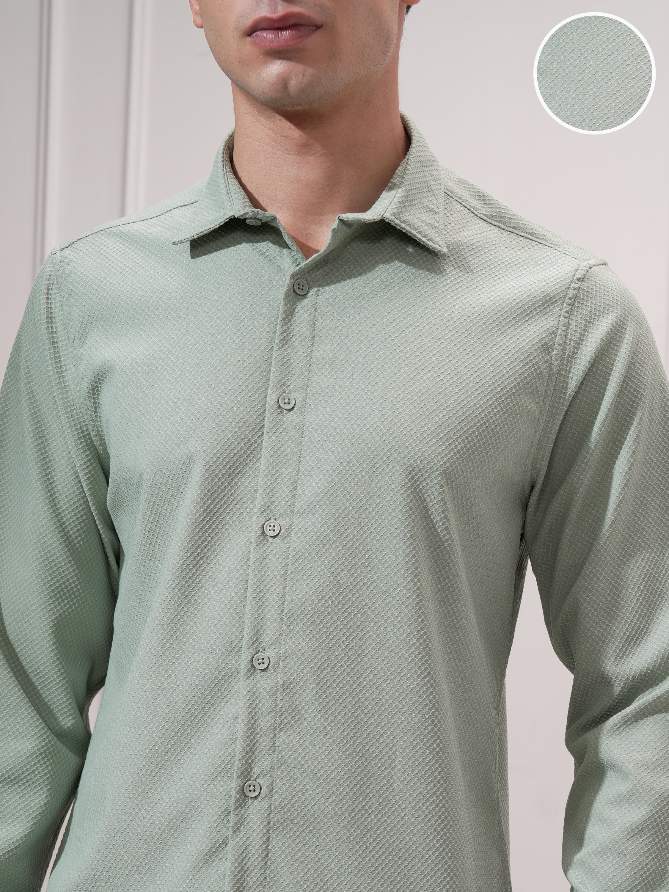 Highlander Men Green Self Design Slim Fit Casual Shirt - Green - Image 5