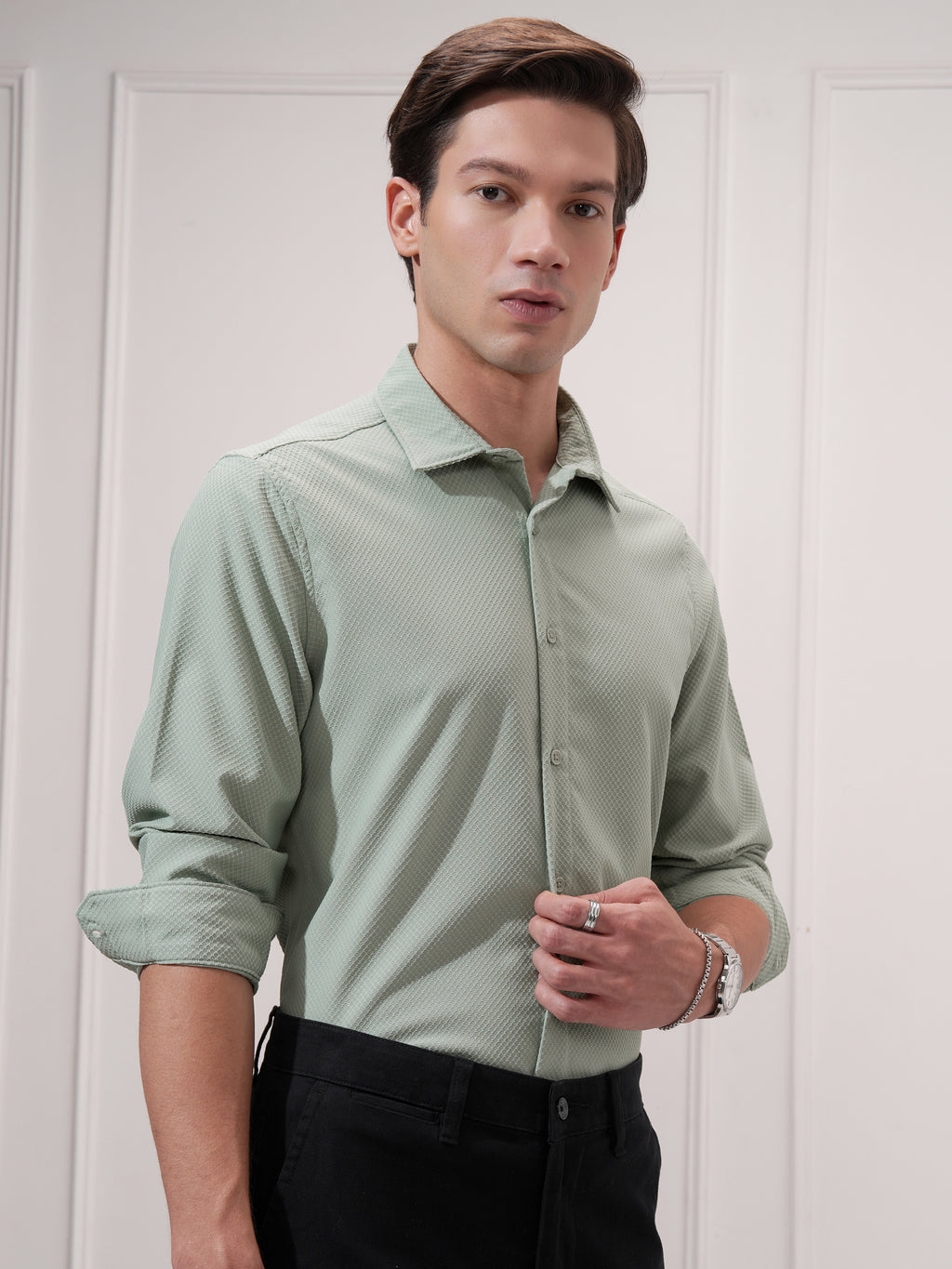 Highlander Men Green Self Design Slim Fit Casual Shirt - Green - Image 6
