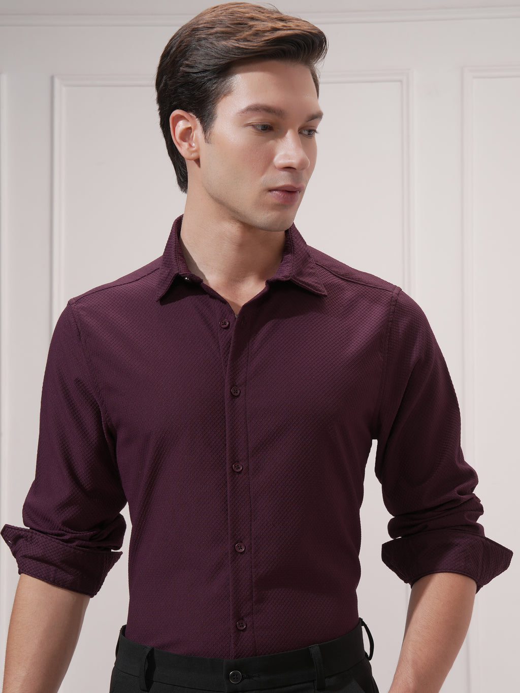 Highlander Men Maroon Self Design Slim Fit Casual Shirt - Maroon - Image 1