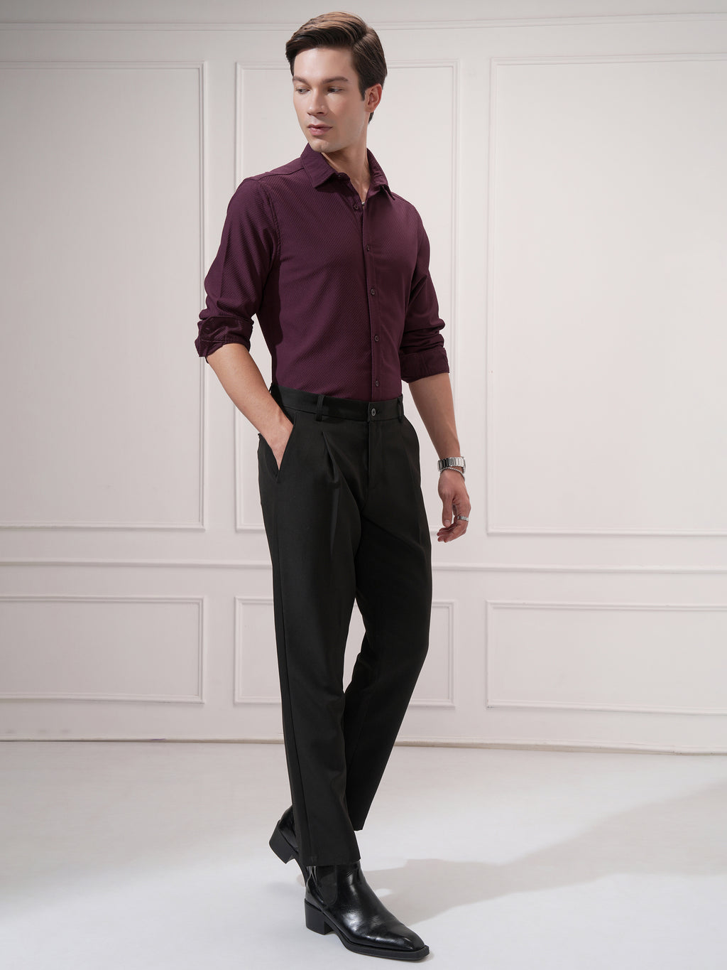 Highlander Men Maroon Self Design Slim Fit Casual Shirt - Maroon - Image 2