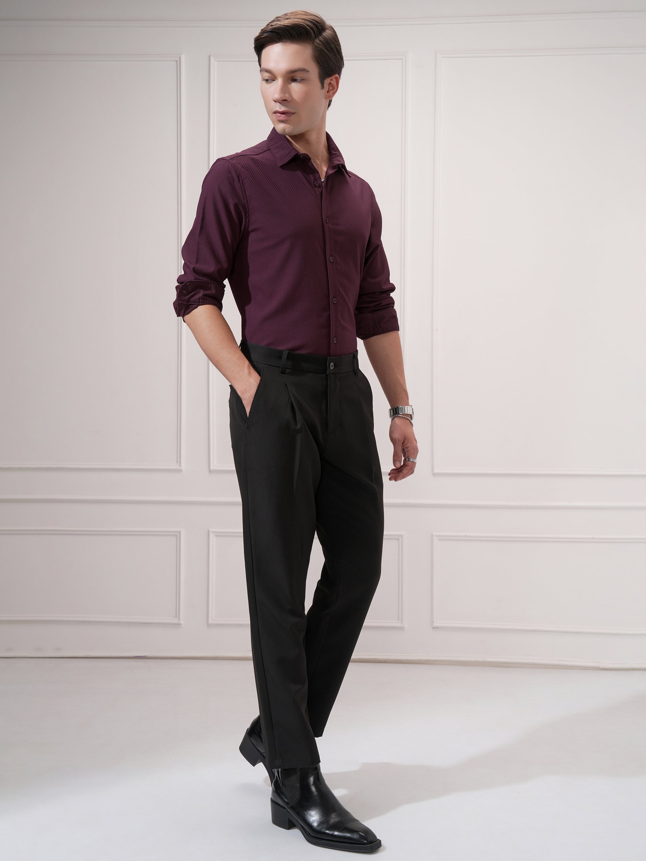 Highlander Men Maroon Self Design Slim Fit Casual Shirt - Maroon - Image 2