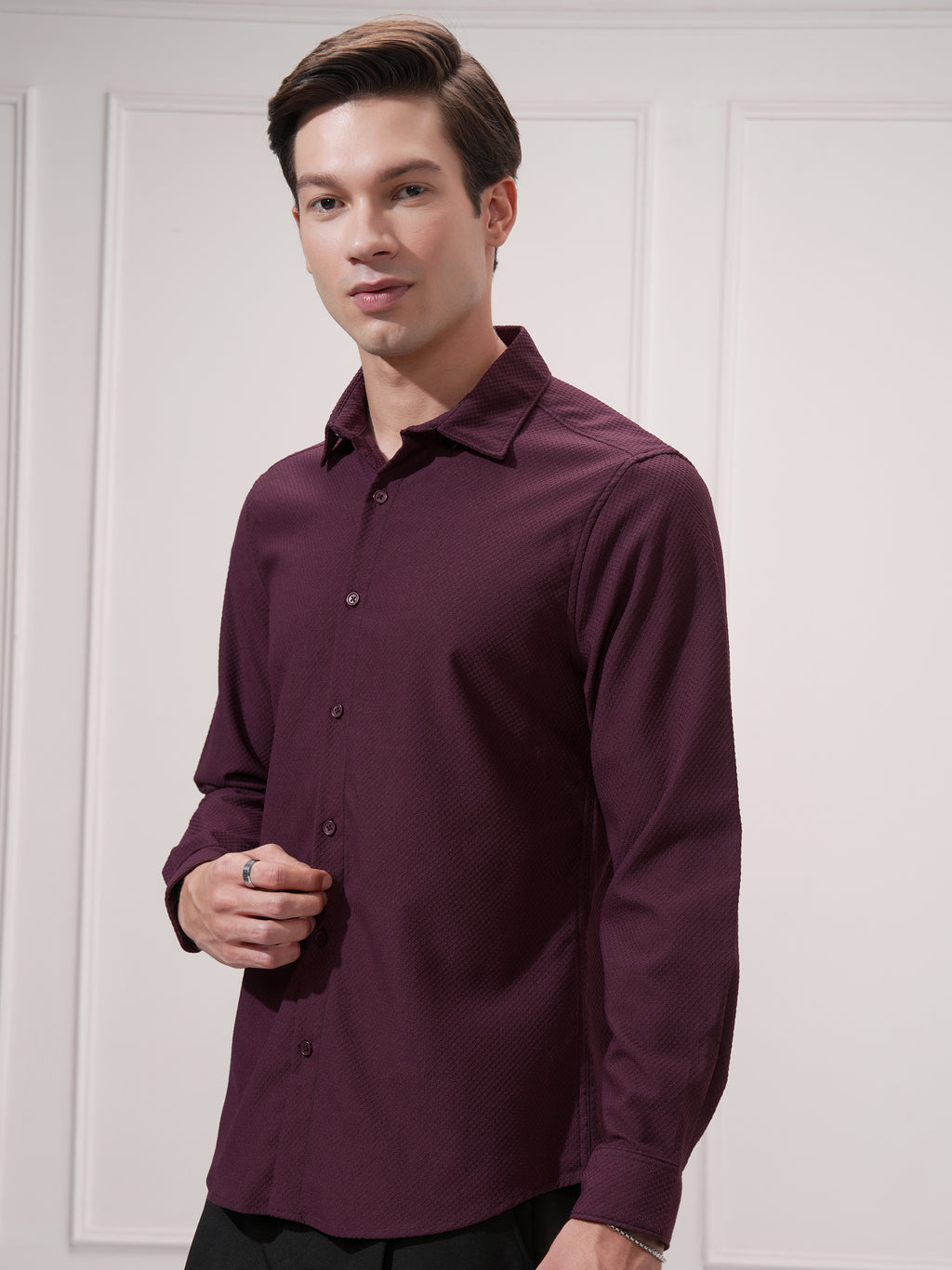 Highlander Men Maroon Self Design Slim Fit Casual Shirt - Maroon - Image 4