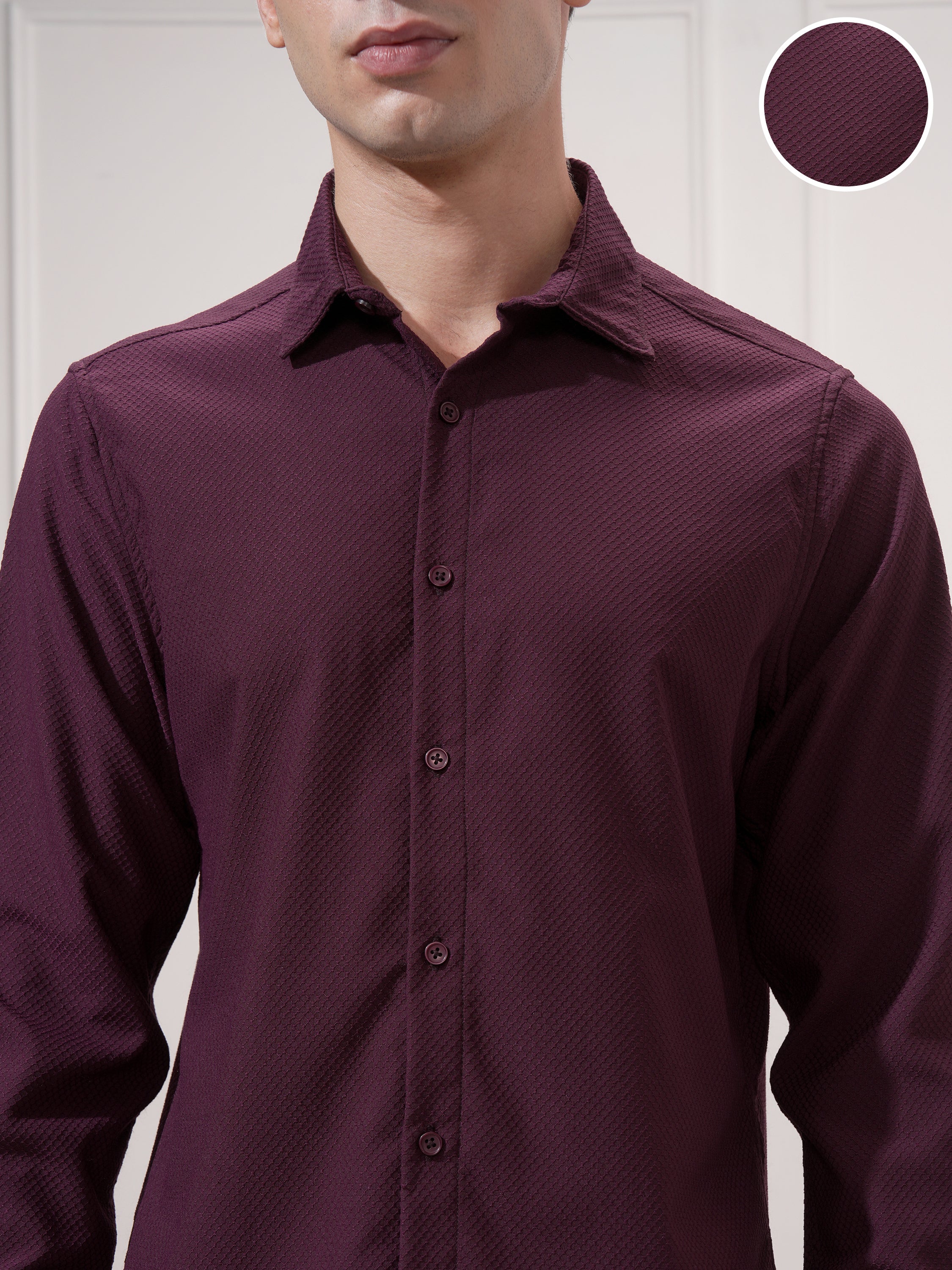 Highlander Men Maroon Self Design Slim Fit Casual Shirt - Maroon - Image 5