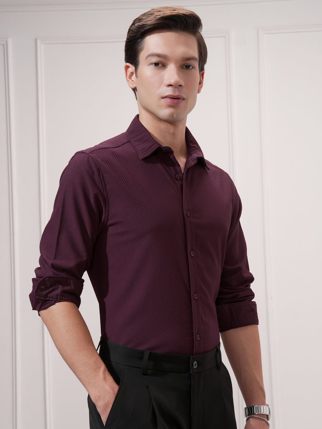 Highlander Men Maroon Self Design Slim Fit Casual Shirt - Maroon - Image 6