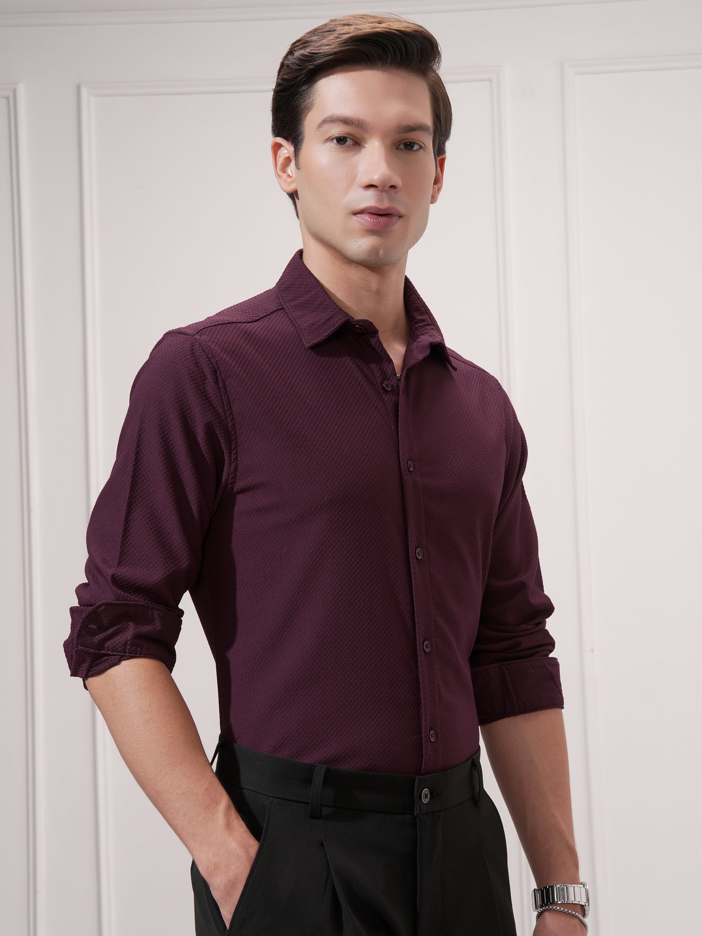 Highlander Men Maroon Self Design Slim Fit Casual Shirt - Maroon - Image 6