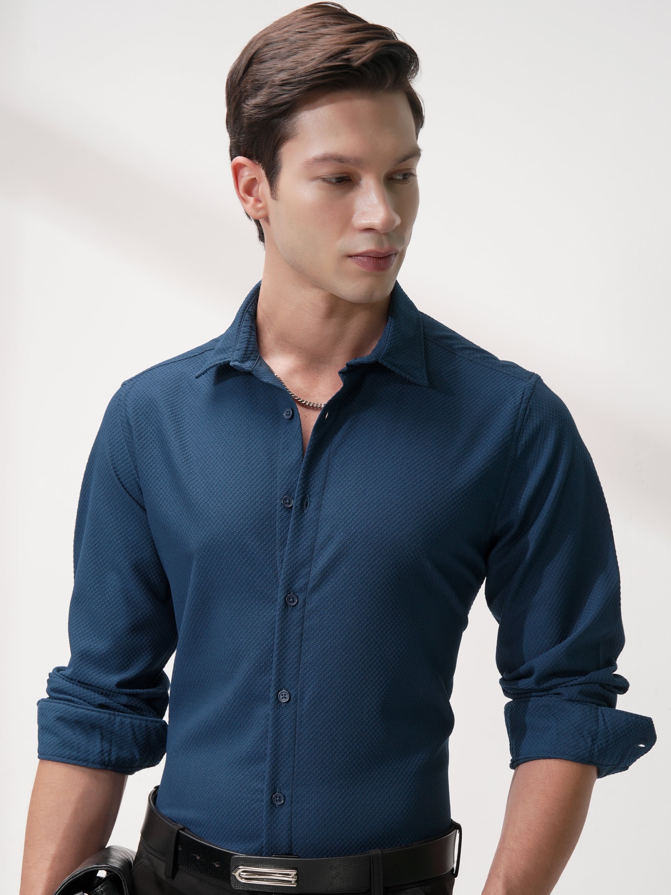 Highlander Men Blue Self Design Slim Fit Casual Shirt - Blue - Image 1