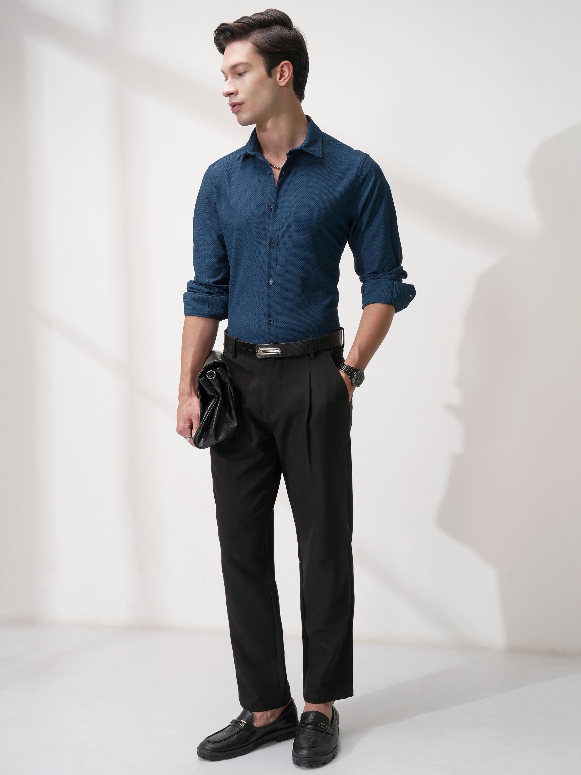 Highlander Men Blue Self Design Slim Fit Casual Shirt - Blue - Image 2