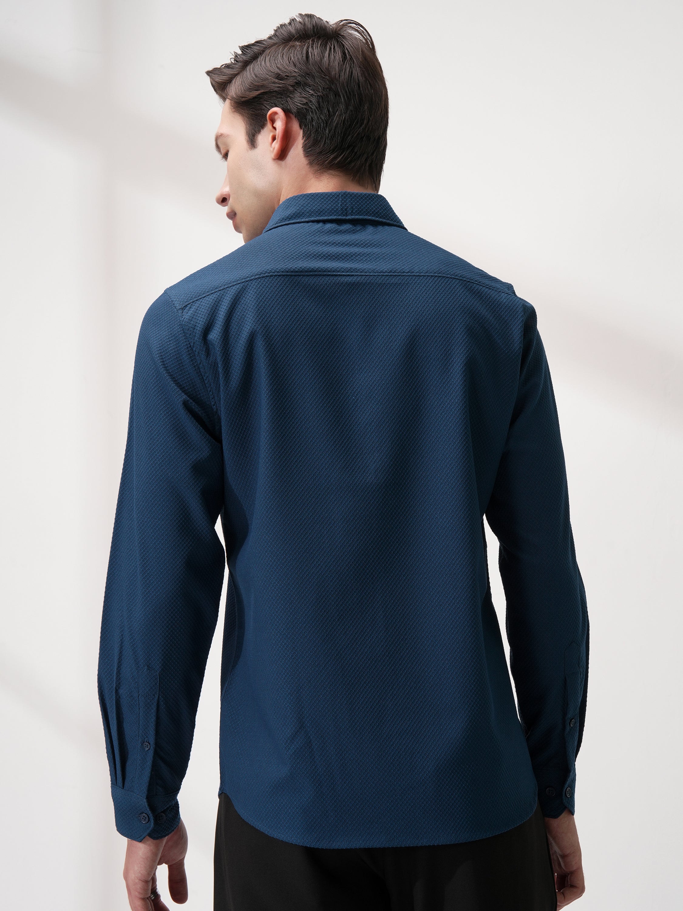 Highlander Men Blue Self Design Slim Fit Casual Shirt - Blue - Image 3