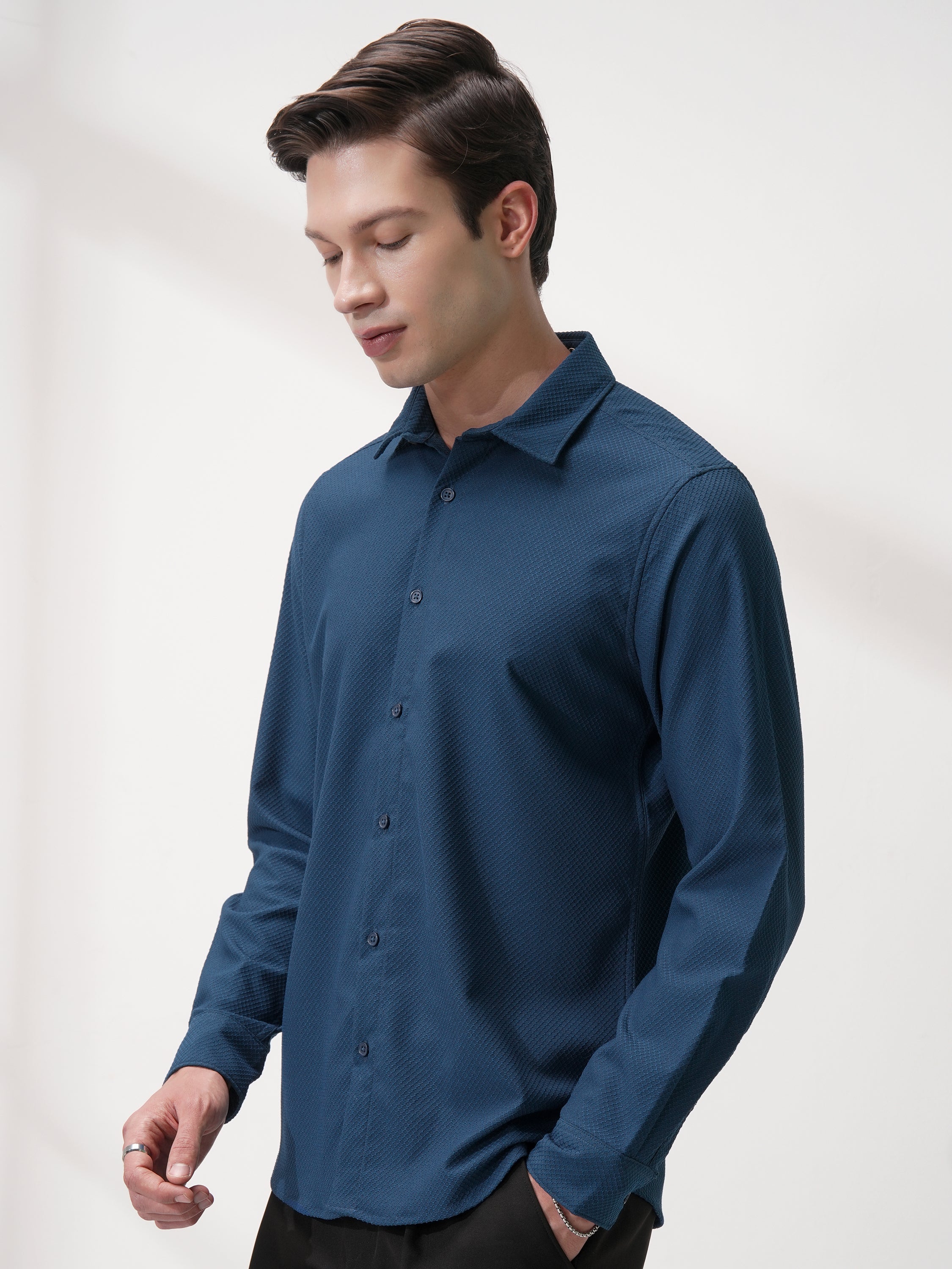 Highlander Men Blue Self Design Slim Fit Casual Shirt - Blue - Image 4