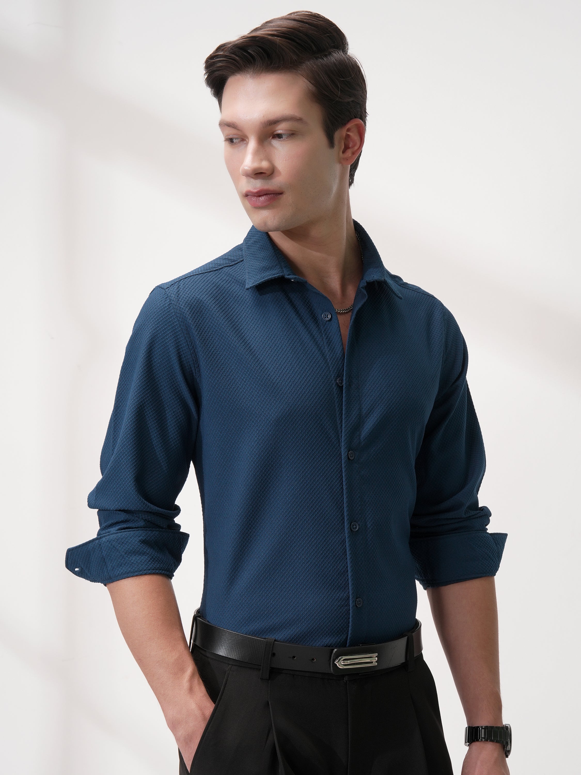 Highlander Men Blue Self Design Slim Fit Casual Shirt - Blue - Image 6