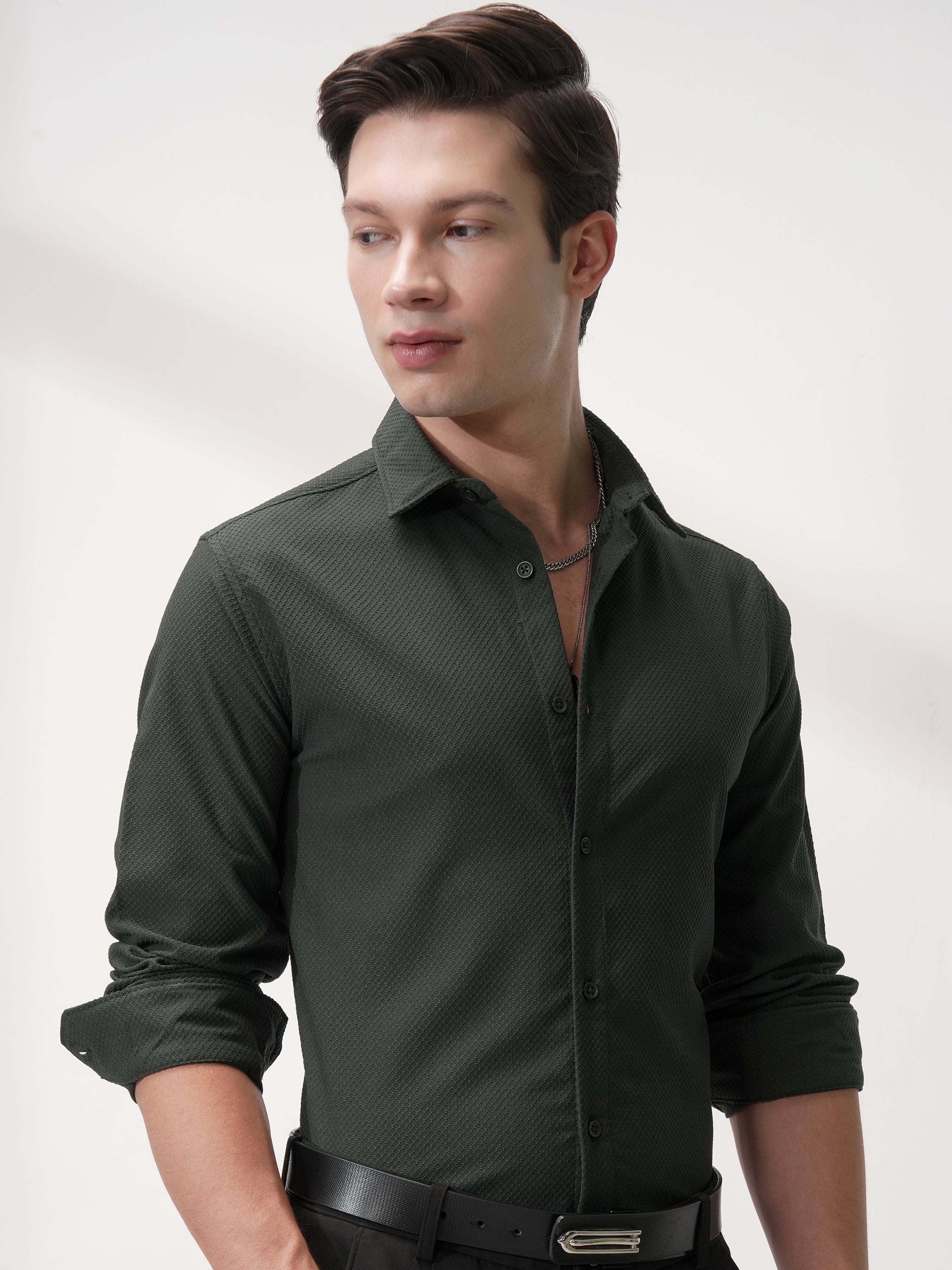 Highlander Men Olive Self Design Slim Fit Casual Shirt - Olive - Image 1