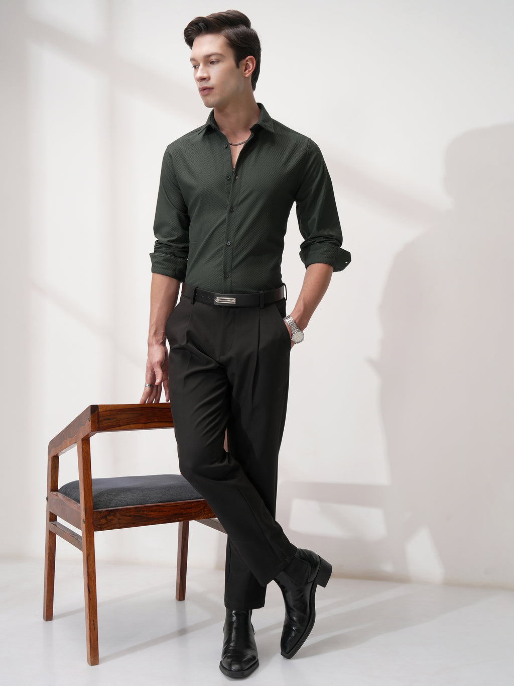 Highlander Men Olive Self Design Slim Fit Casual Shirt - Olive - Image 2