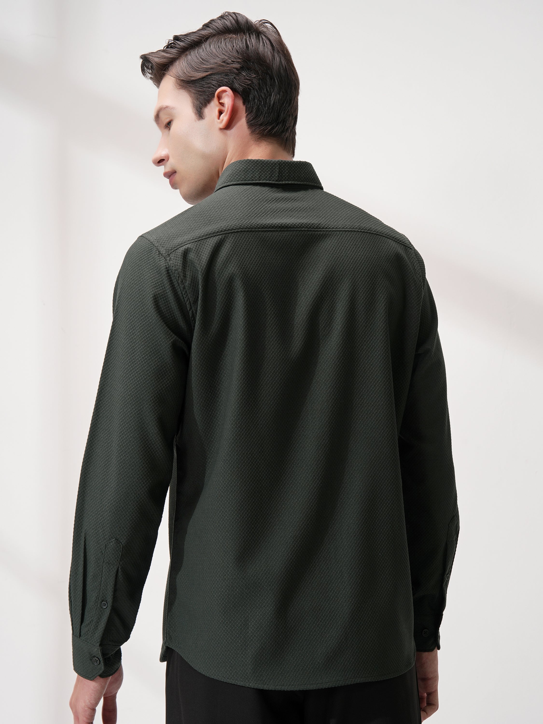 Highlander Men Olive Self Design Slim Fit Casual Shirt - Olive - Image 3