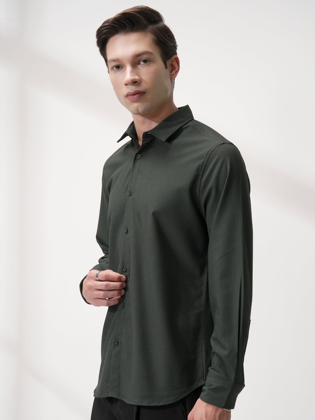 Highlander Men Olive Self Design Slim Fit Casual Shirt - Olive - Image 4