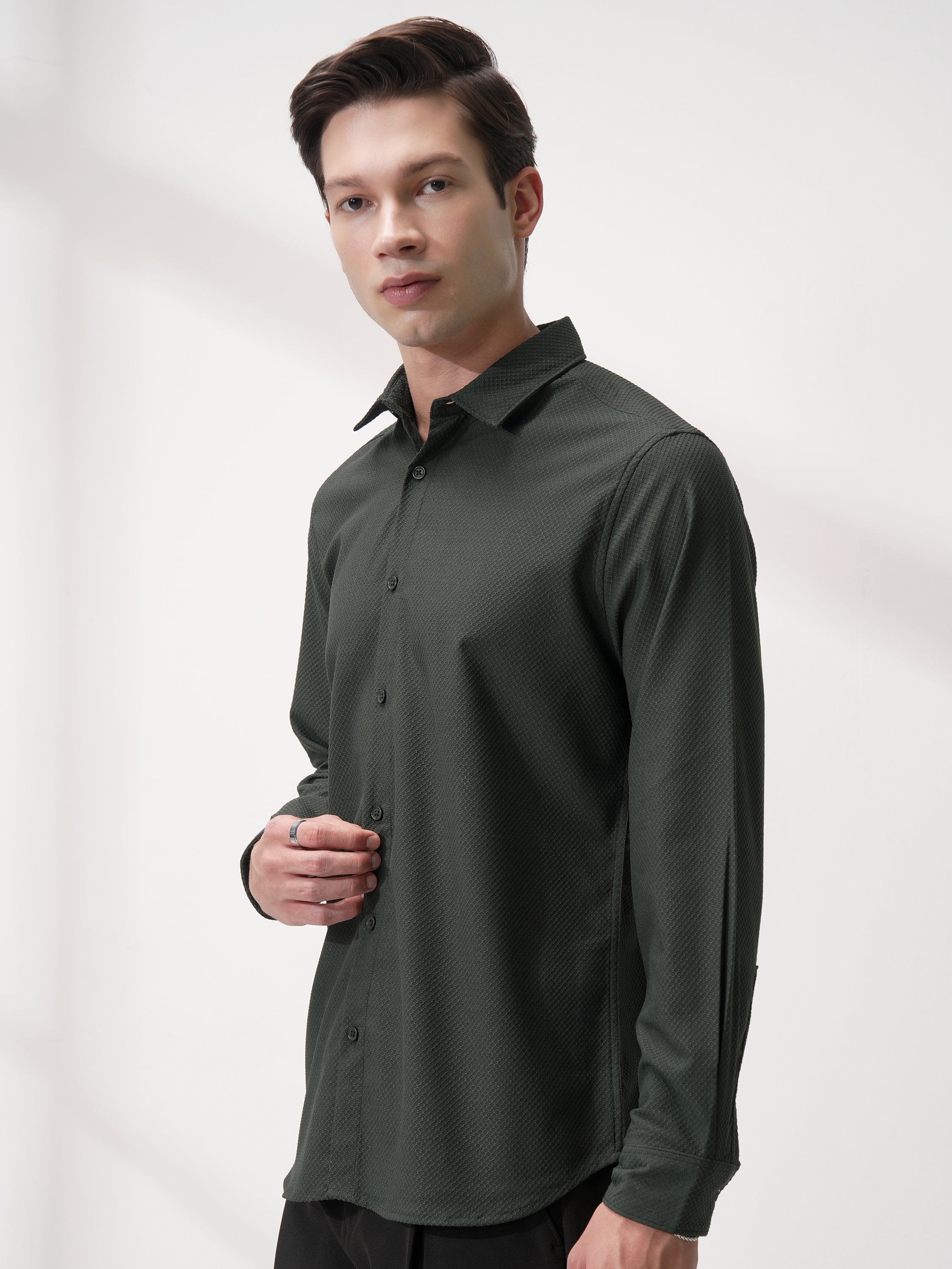 Highlander Men Olive Self Design Slim Fit Casual Shirt - Olive - Image 4