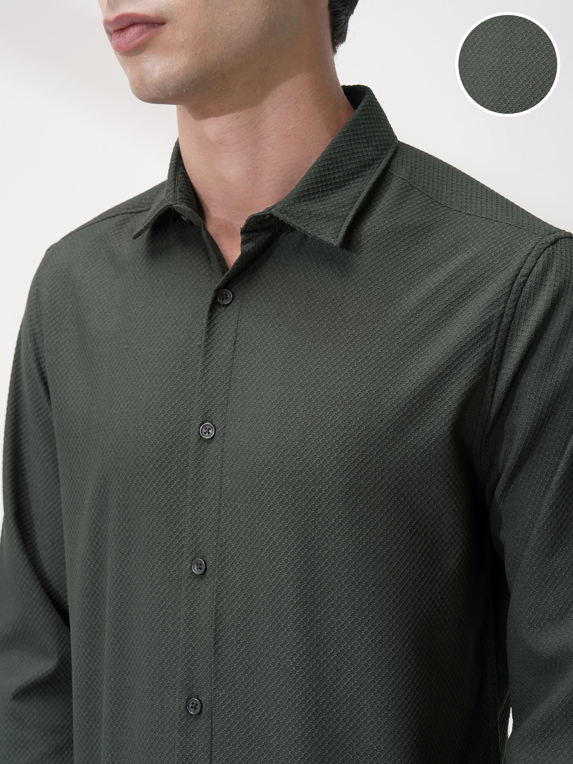 Highlander Men Olive Self Design Slim Fit Casual Shirt - Olive - Image 5