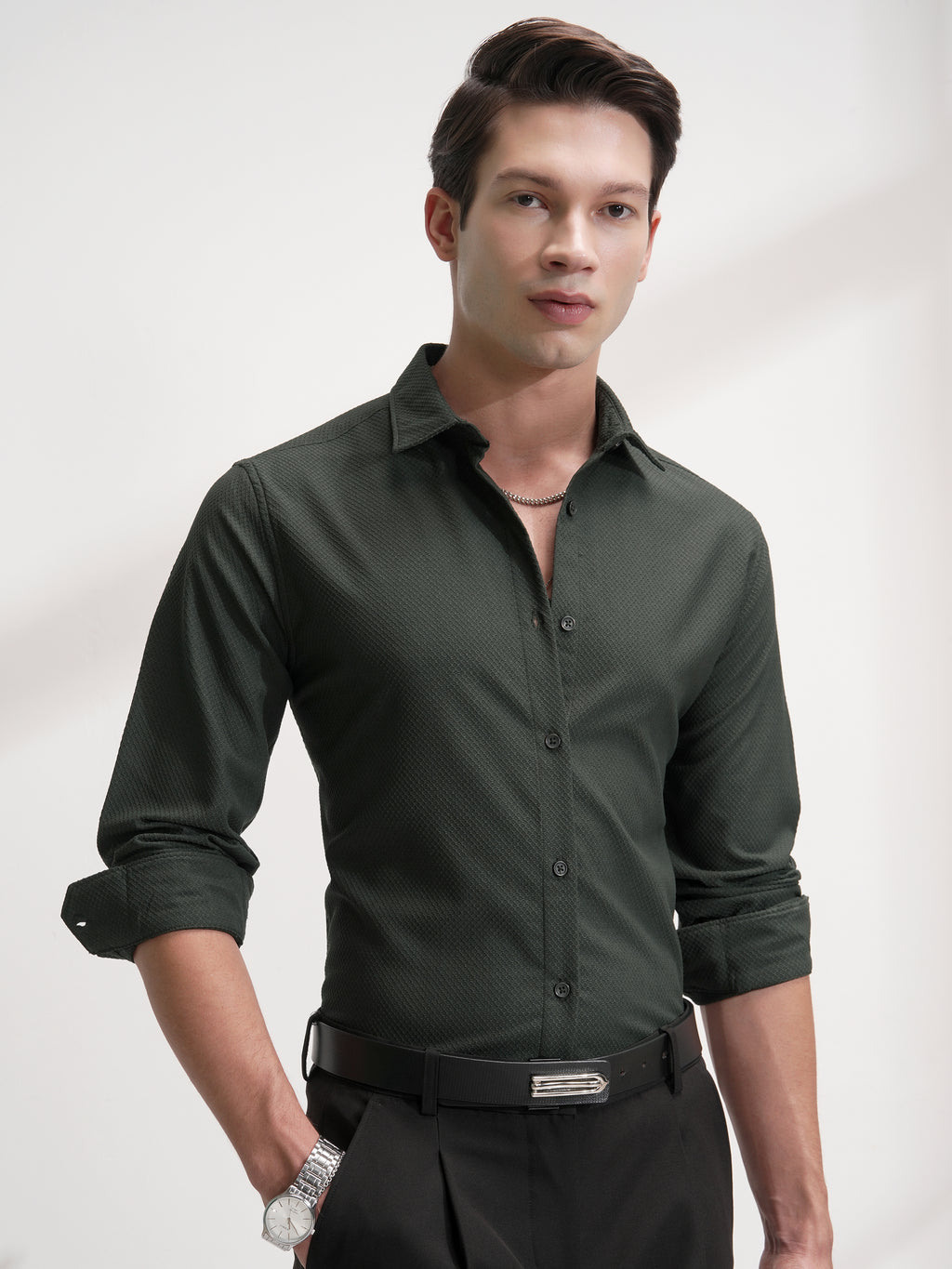 Highlander Men Olive Self Design Slim Fit Casual Shirt - Olive - Image 6