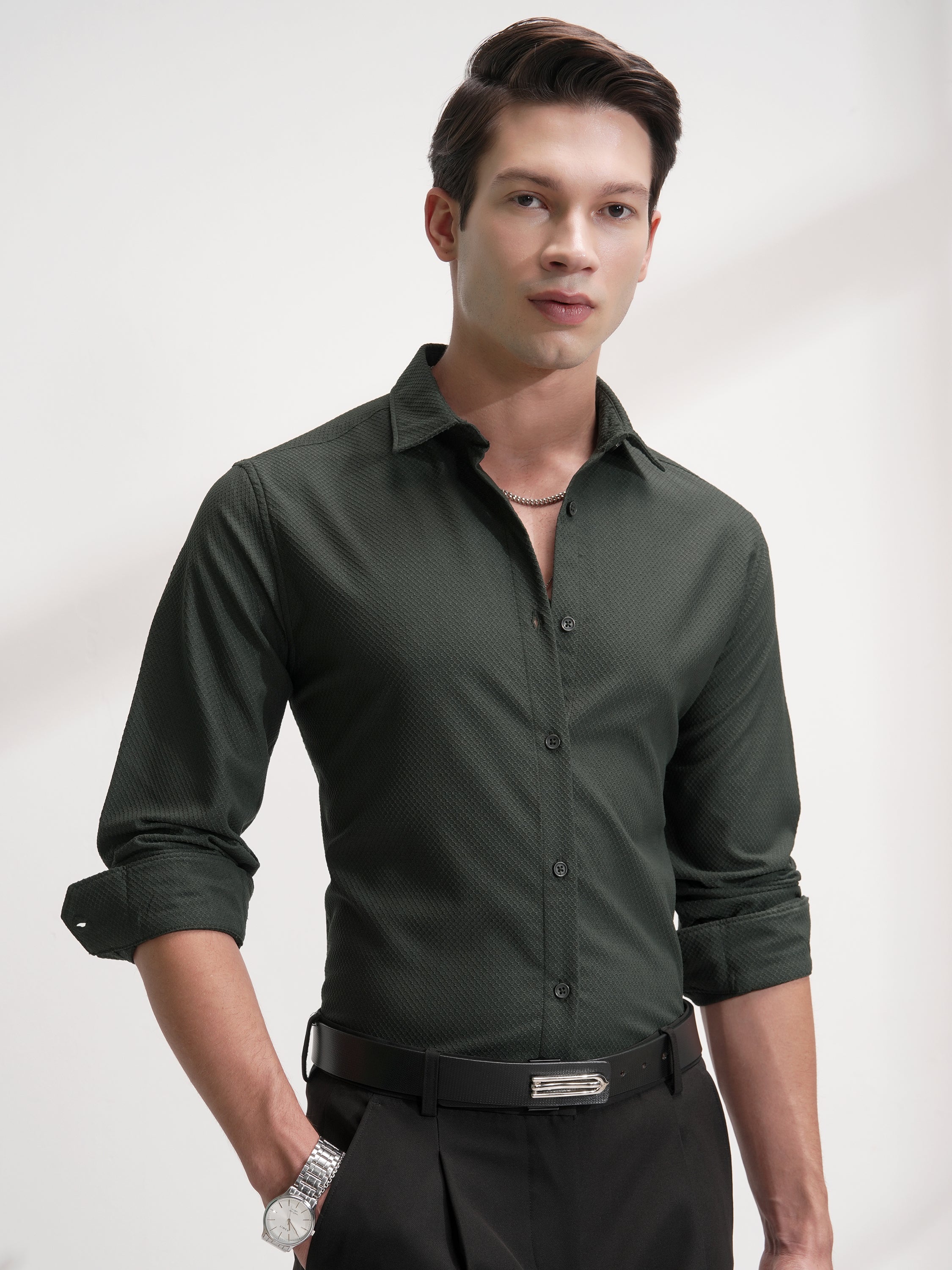 Highlander Men Olive Self Design Slim Fit Casual Shirt - Olive - Image 6