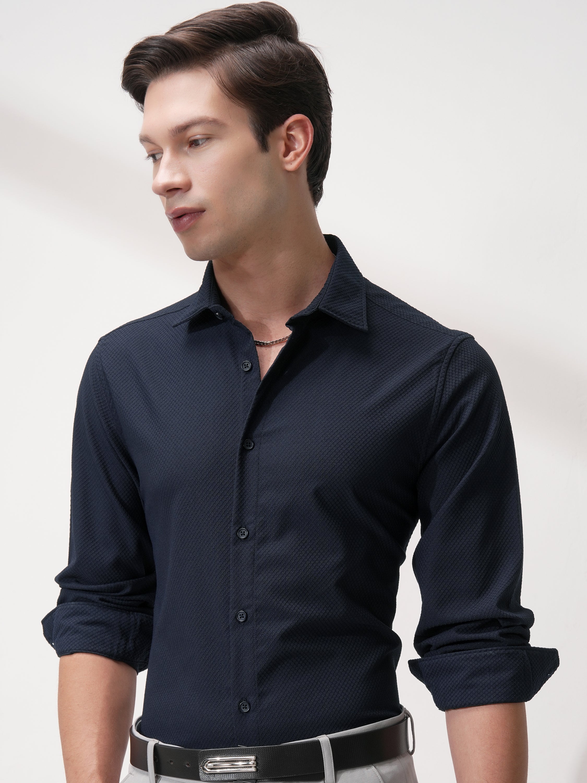 Highlander Men Navy Blue Self Design Slim Fit Casual Shirt - Navy Blue - Image 1