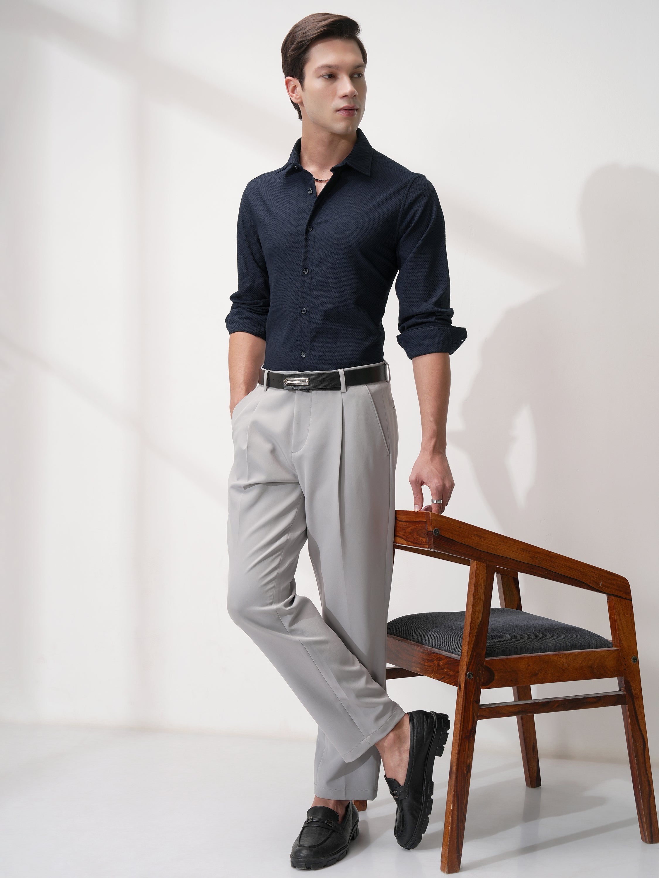 Highlander Men Navy Blue Self Design Slim Fit Casual Shirt - Navy Blue - Image 2