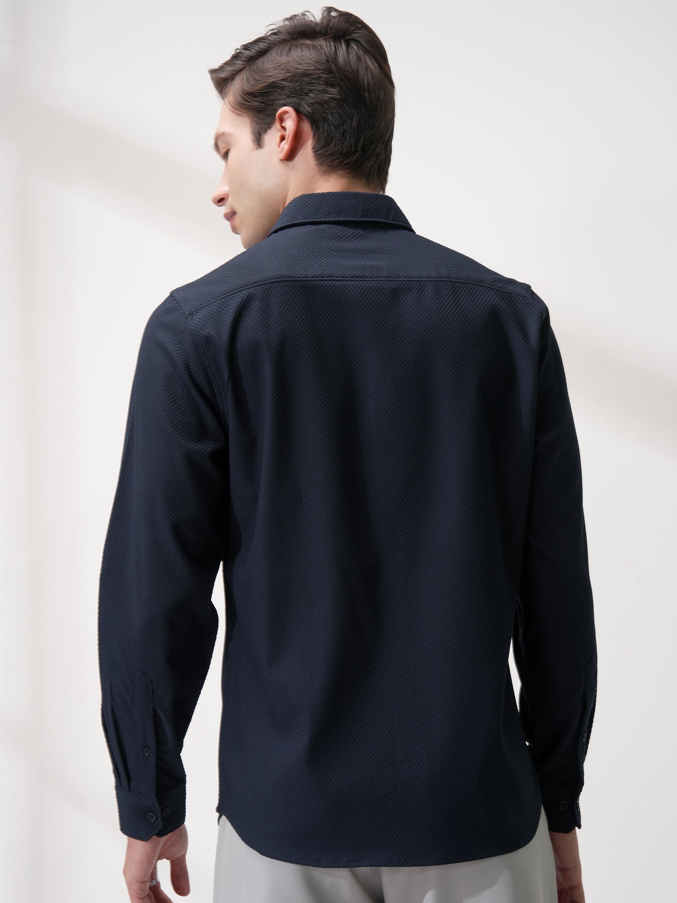 Highlander Men Navy Blue Self Design Slim Fit Casual Shirt - Navy Blue - Image 3
